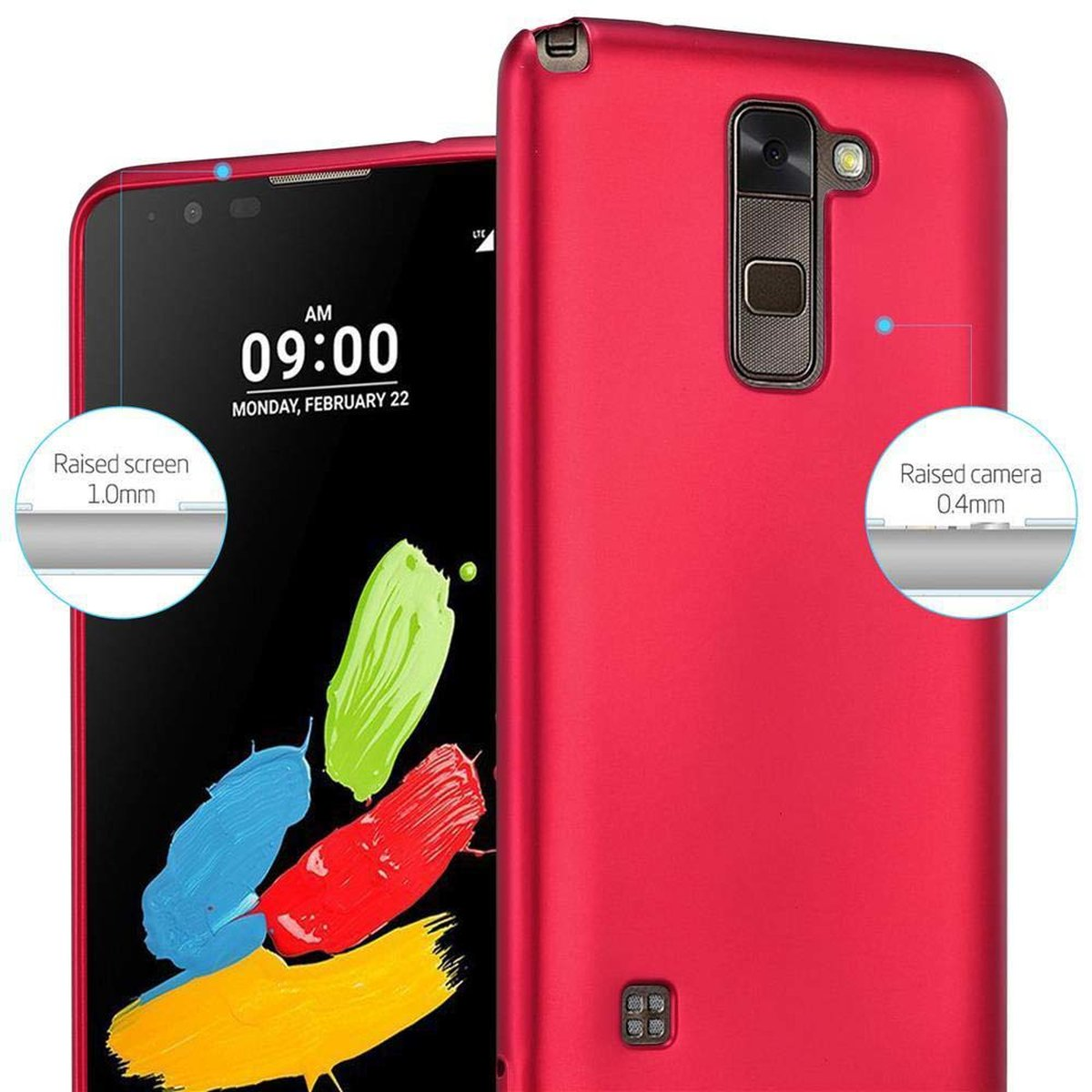 Telefon mit roter Hülle und Details, mit erhabenem Bildschirm und Kamera. Weißer Hintergrund.