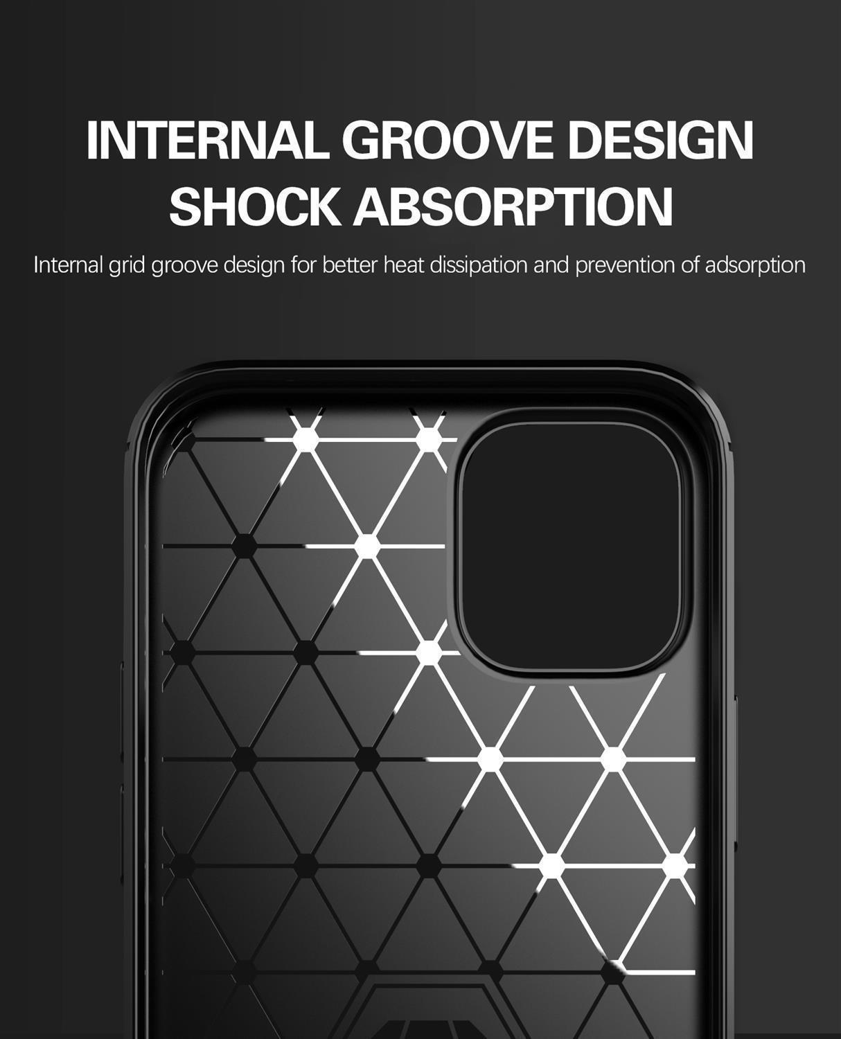 Custodia per telefono nera, con un motivo geometrico, con il testo 'INTERNAL GROOVE DESIGN SHOCK ABSORPTION'.