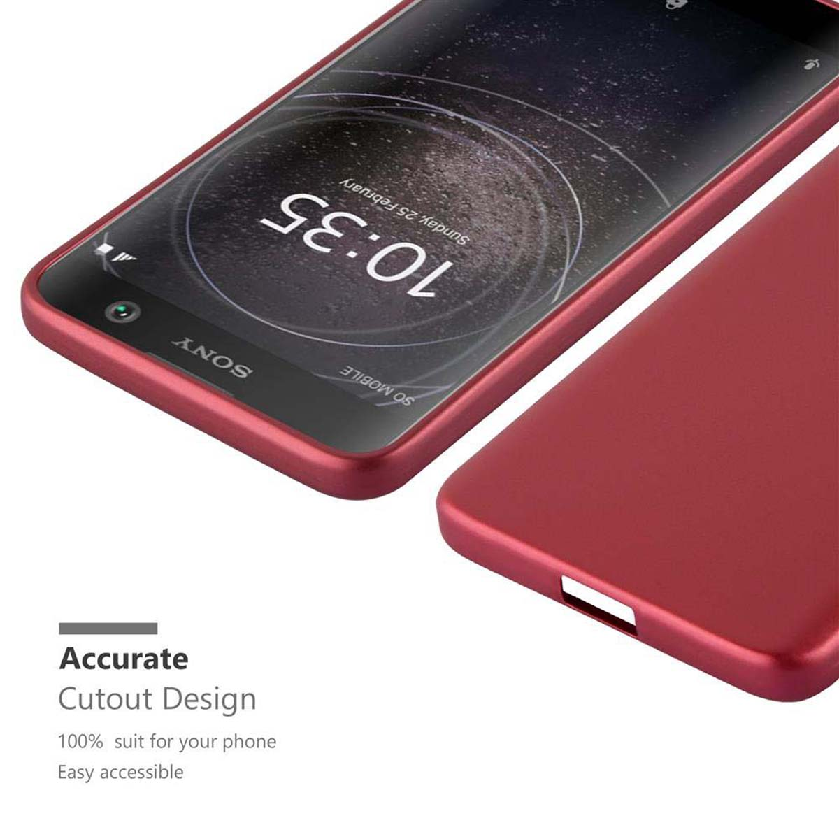 Eine rote Handyhülle und ein Telefon mit der Uhrzeit 10:35. Der Text erwähnt 'Präzises Ausschnittdesign'.