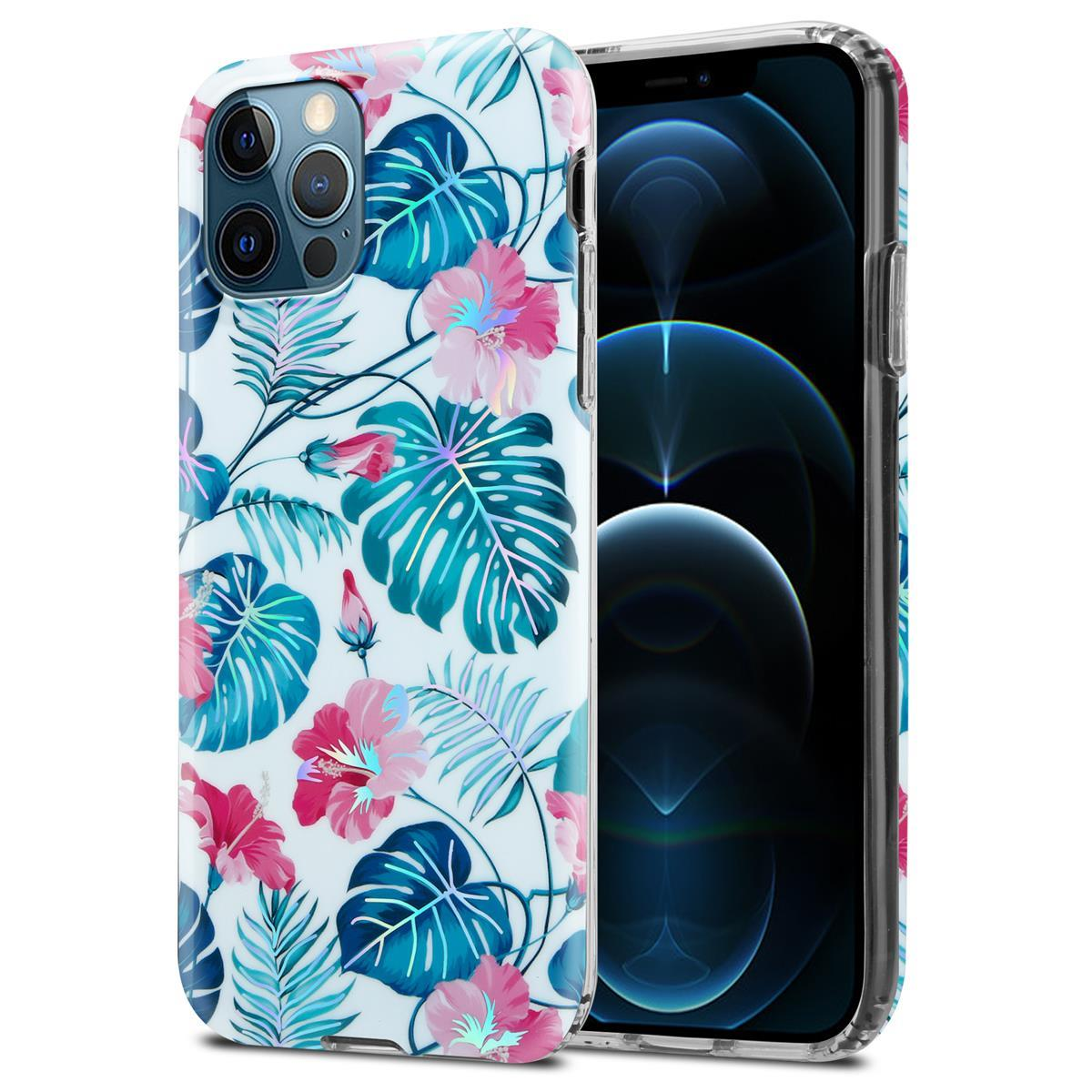Una custodia per telefono con un design floreale e un telefono all'interno. Il telefono ha uno schermo bianco.
