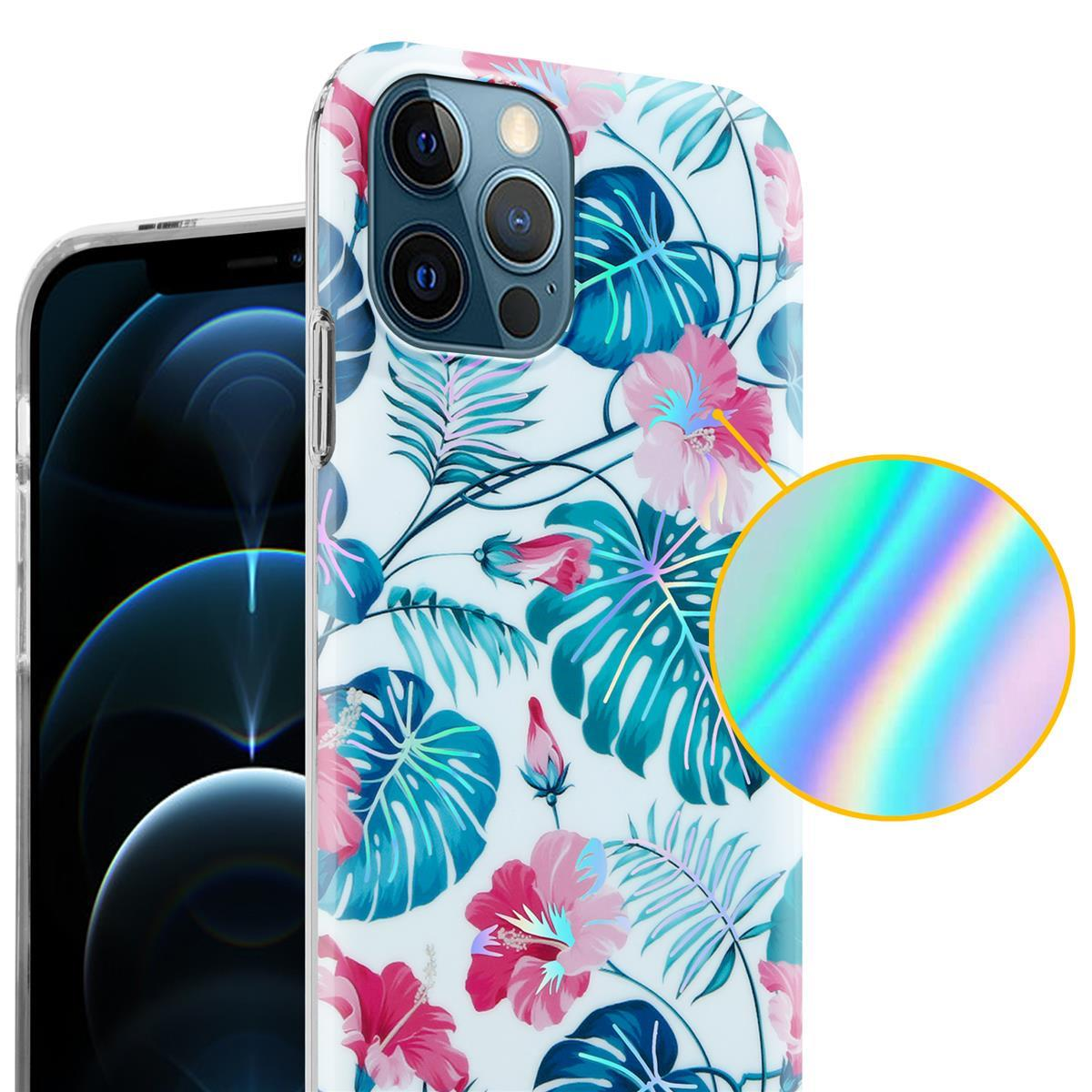 Custodia per telefono con un design floreale. Presenta fiori rosa e foglie blu su sfondo bianco.