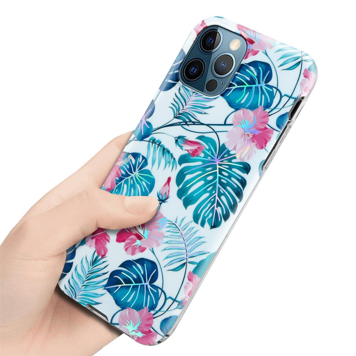 Una mano che tiene una custodia per telefono con un design floreale. Lo sfondo è bianco.