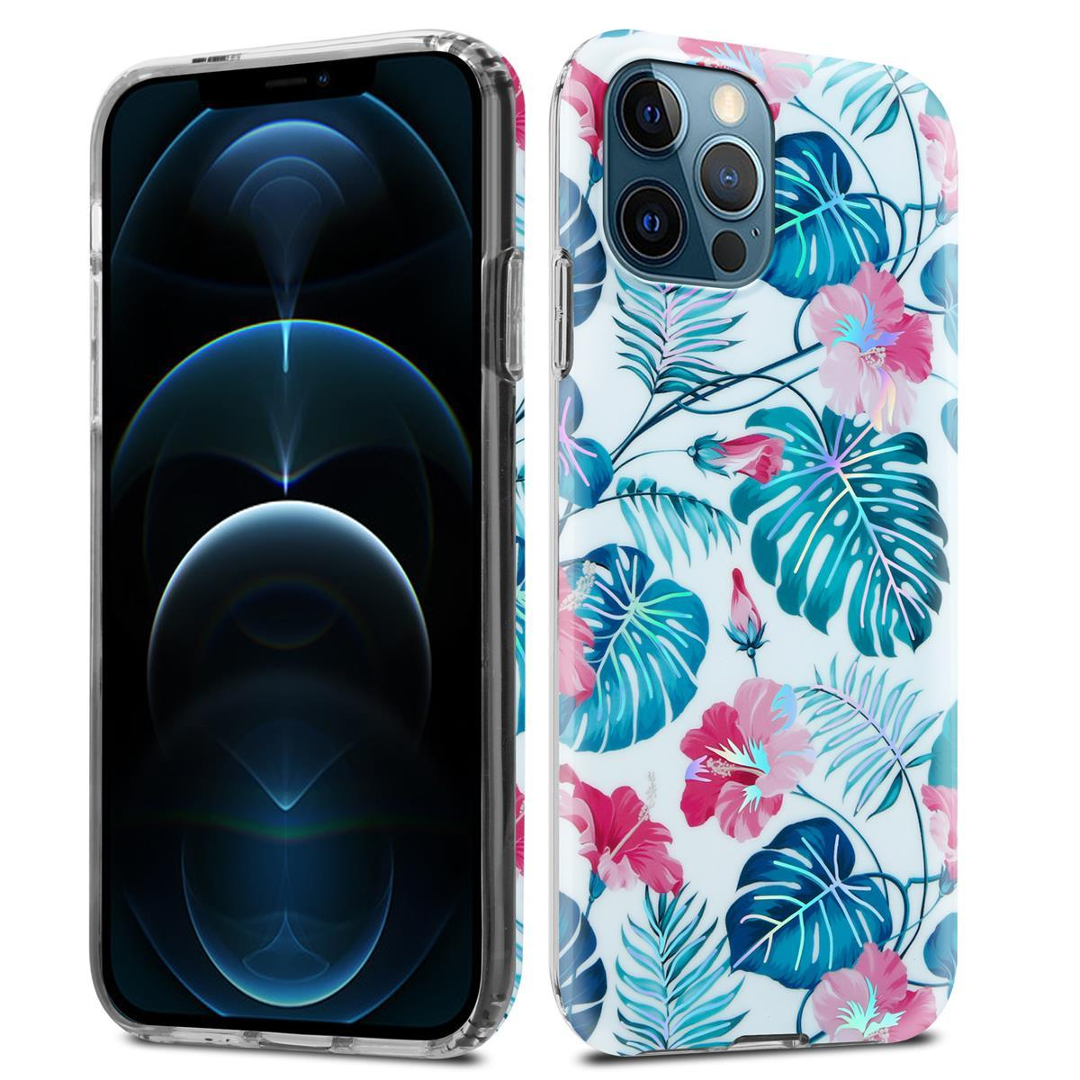 Due telefoni con custodie fiorite. Uno mostra uno schermo blu animato e l'altro la custodia.
