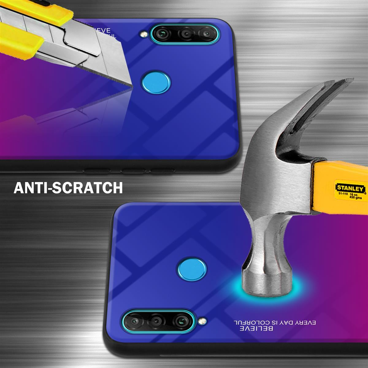 Handyhülle mit blauem und violettem Farbverlauf. Ein Cutter und ein Hammer sind auf der Hülle platziert. Anti-Kratz-Text.