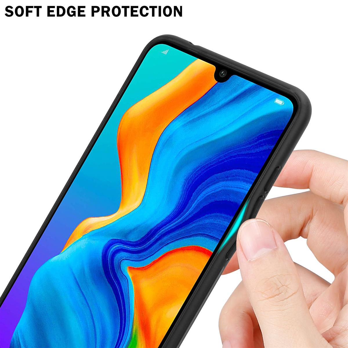 Schwarze Handyhülle auf einem Telefon. Die Hülle ist schwarz mit orangefarbenen und blauen Akzenten.