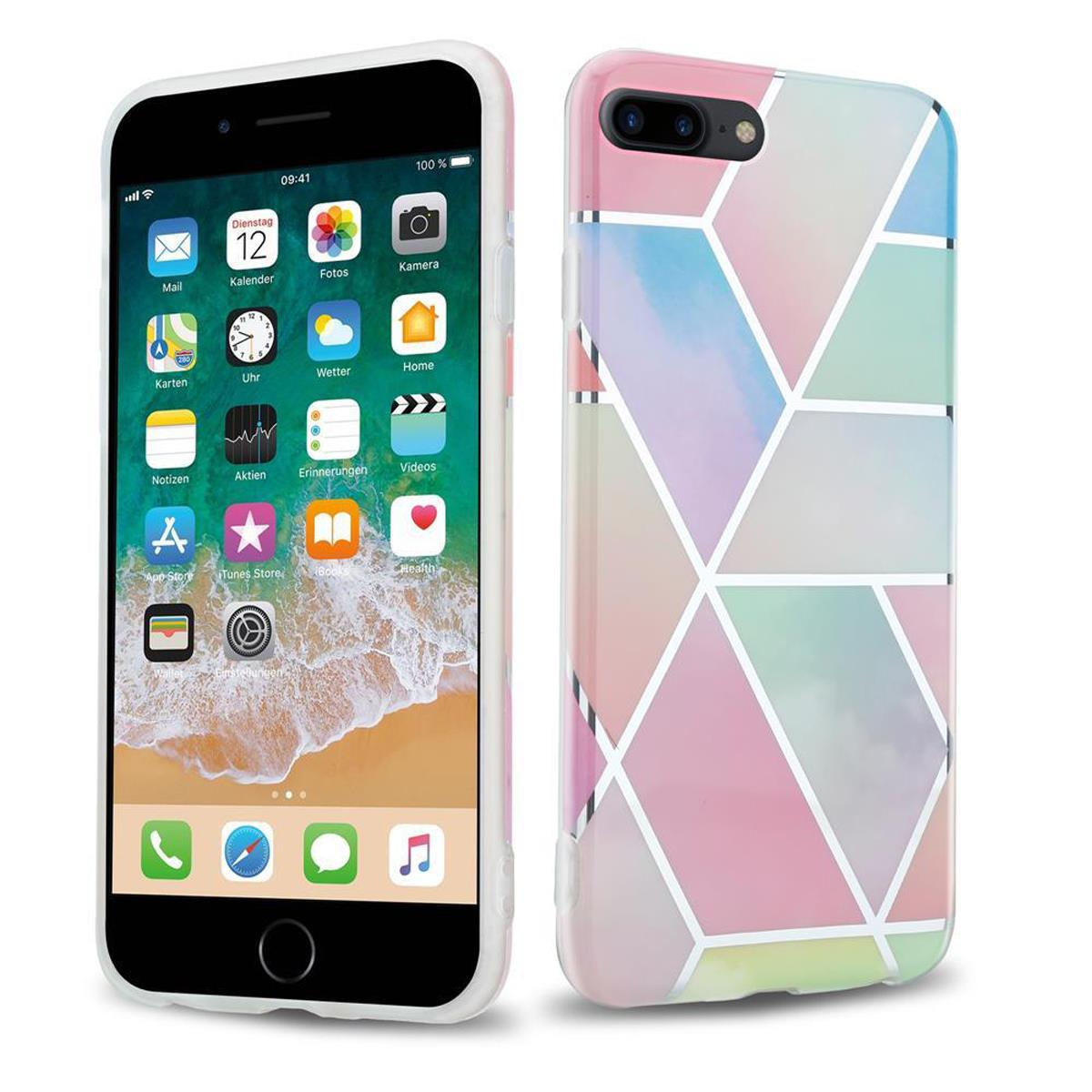 iPhone in einer Hülle. Das Telefon befindet sich links. Die Hülle hat ein geometrisches Muster.