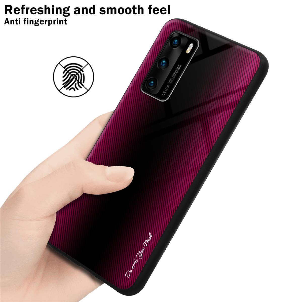 Una mano che tiene un telefono con una sfumatura rosa e nera. Il telefono ha ottiche Leica e un sensore di impronte digitali.