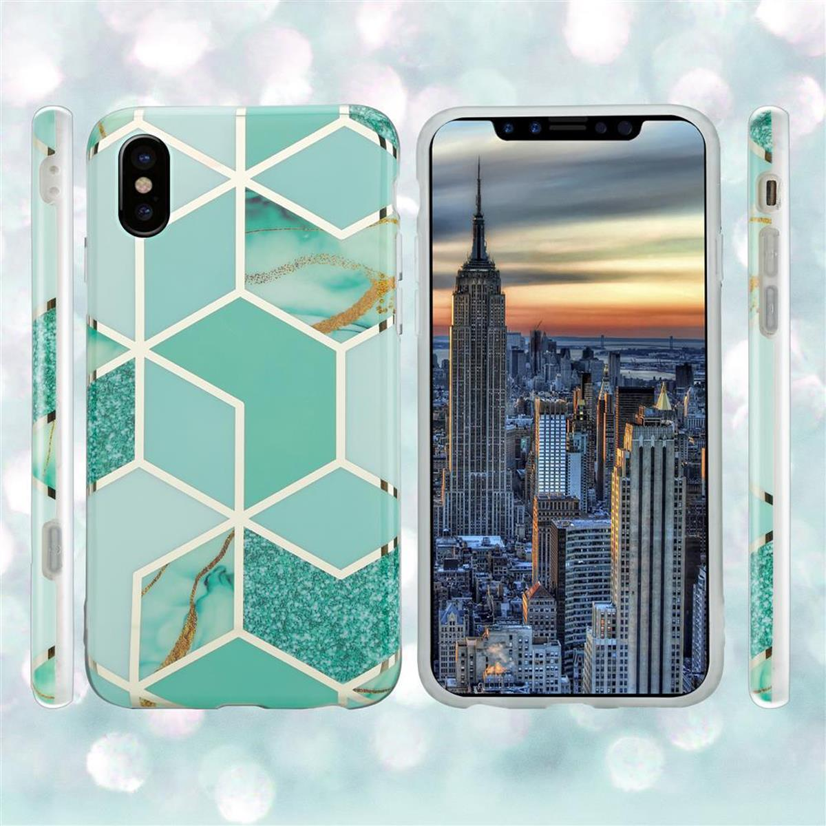 Telefono con custodia, che mostra lo skyline di New York City e un design geometrico turchese. Sfondo sfocato.