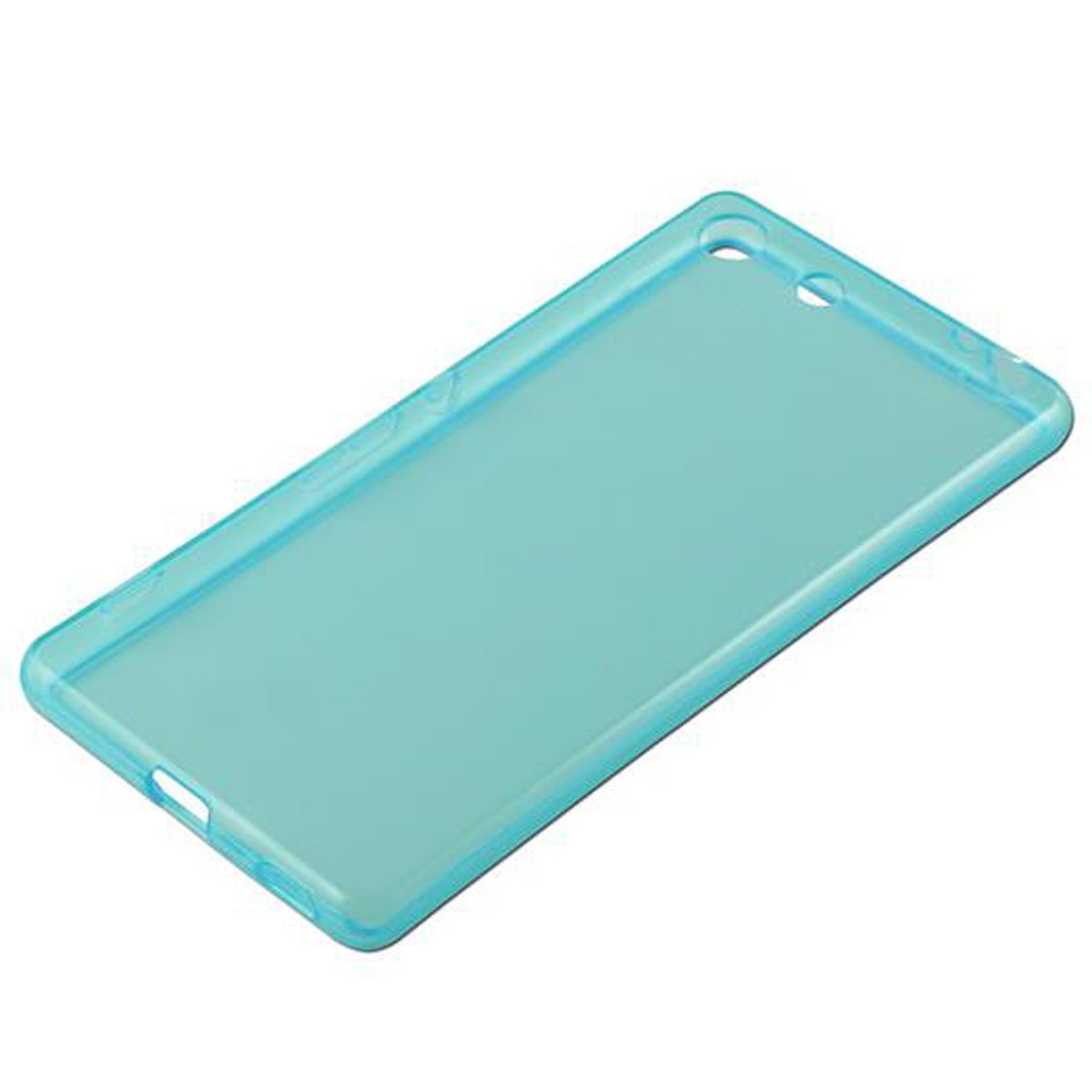 Una custodia per telefono trasparente blu chiaro.