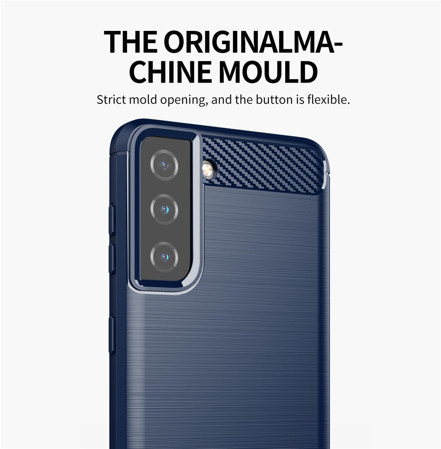 Una custodia per telefono con un ritaglio per la fotocamera. La custodia è blu scuro e il retro ha un motivo strutturato.