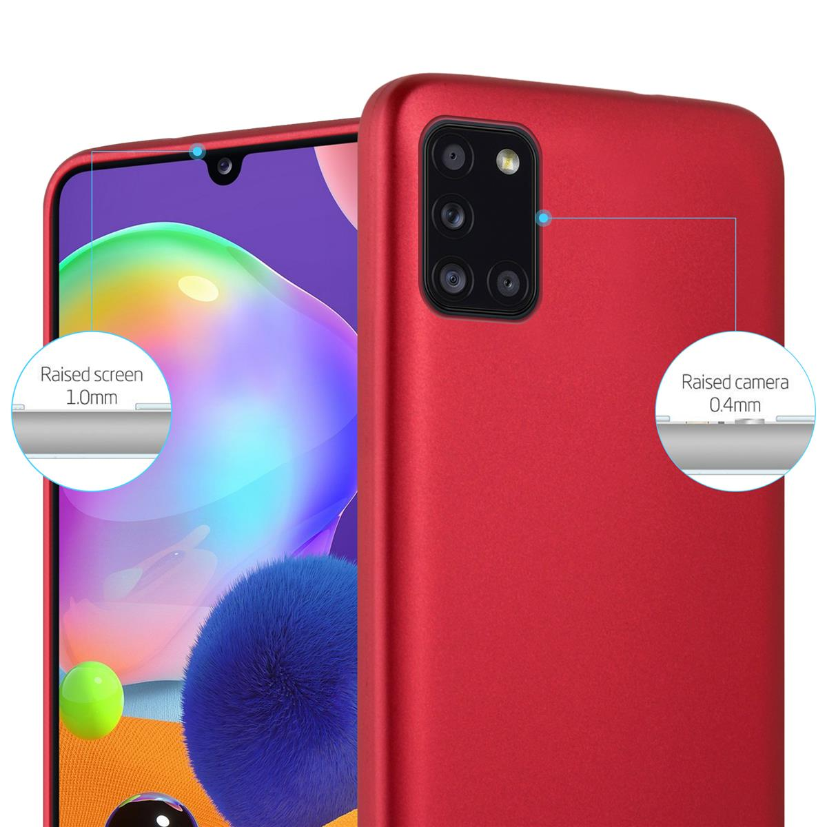 Custodia per telefono rossa, primo piano del telefono e della custodia, su sfondo bianco.