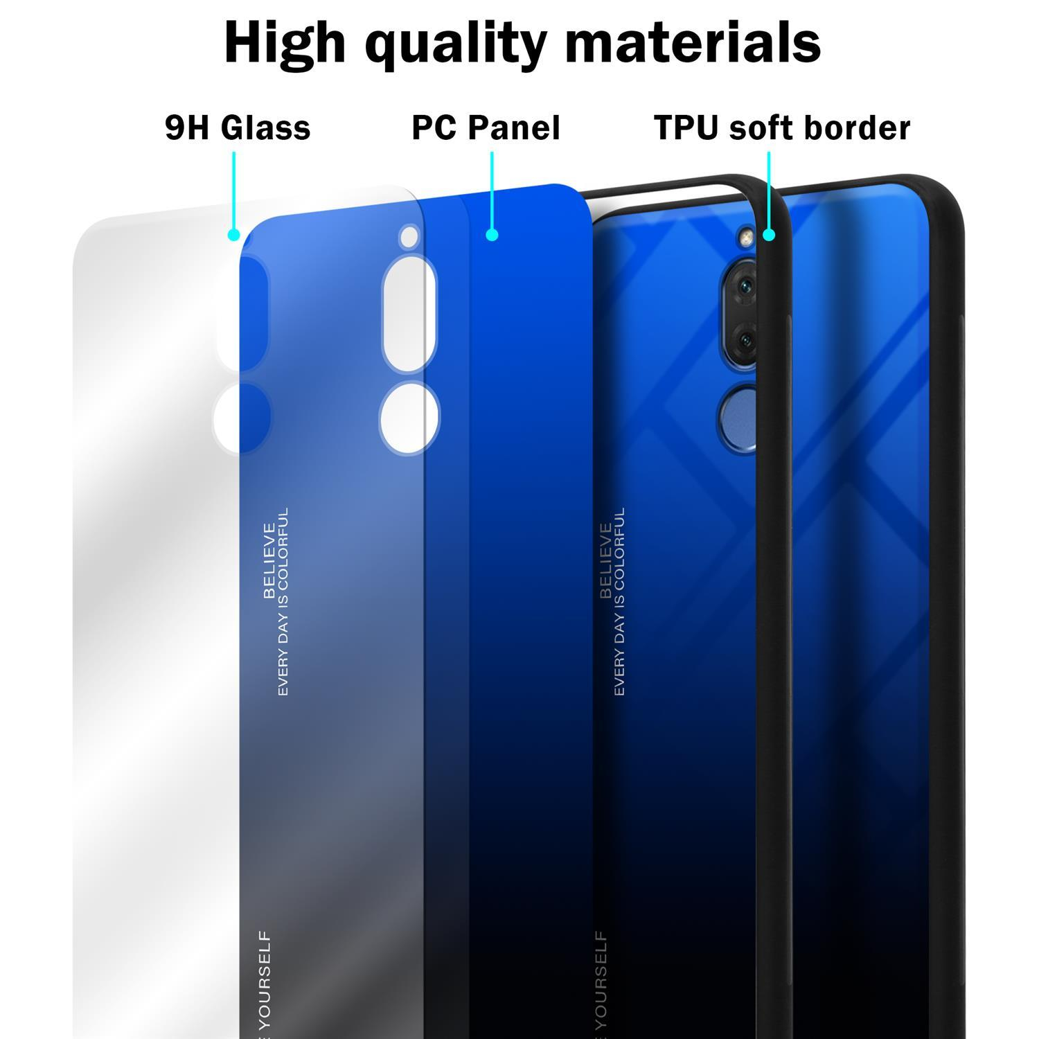 Handyhülle mit Schichten: 9H Glas, PC Panel und TPU weicher Rand. Die Handyhülle ist blau.