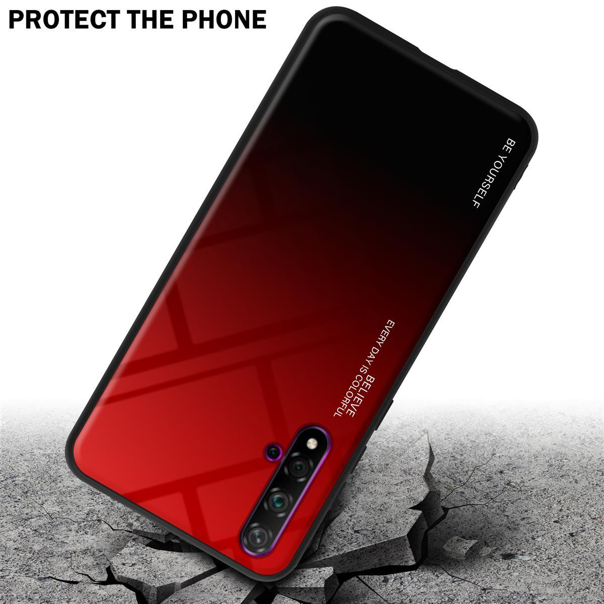 Telefon mit Farbverlaufshülle, rissiger Boden. Rot-Schwarz-Verlauf. Rissiger Boden. Schwarzer Rahmen. Weißer Hintergrund.