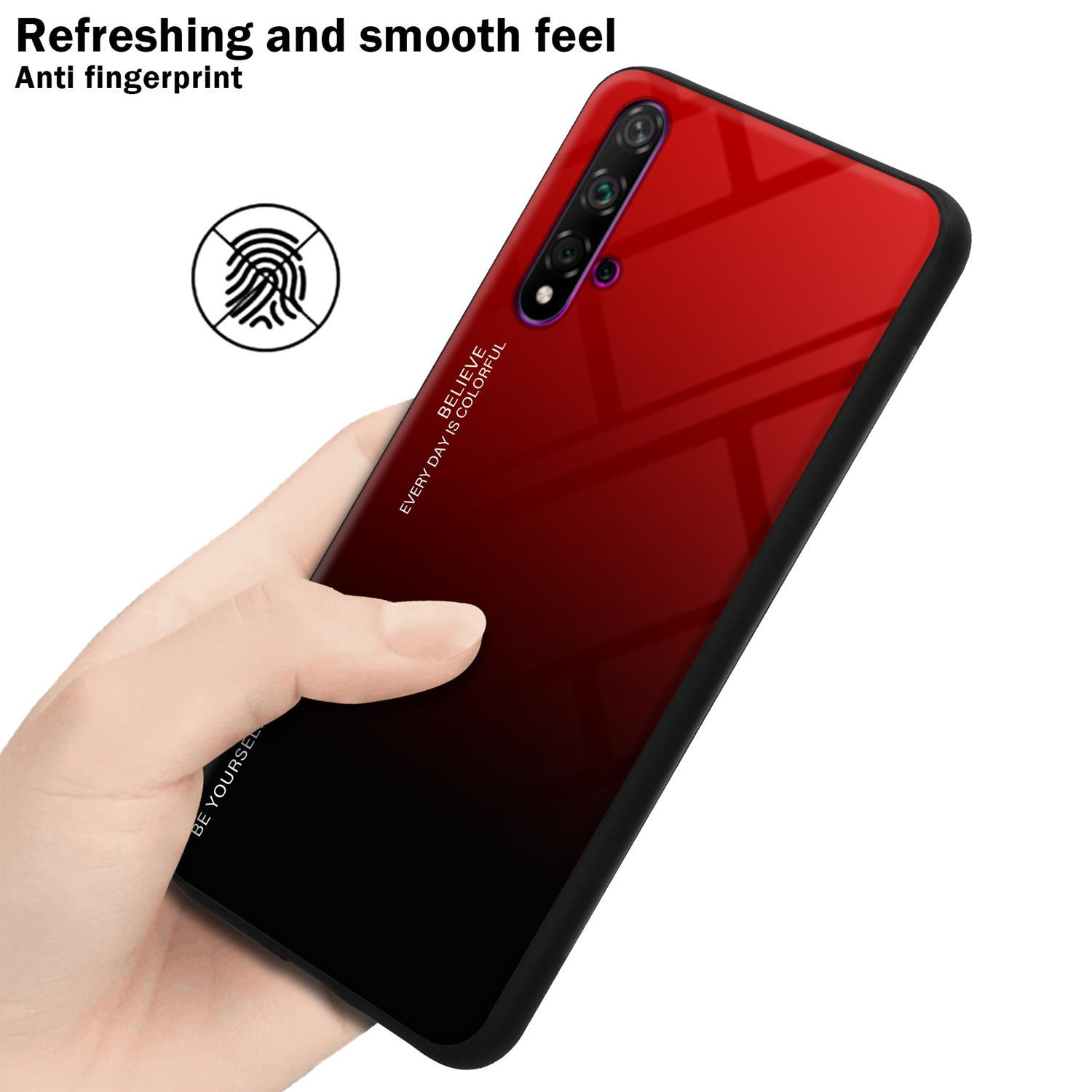 Eine Hand hält ein Telefon in einer rot/schwarz farbigen Hülle. Anti-Fingerabdruck steht auf dem Bild.