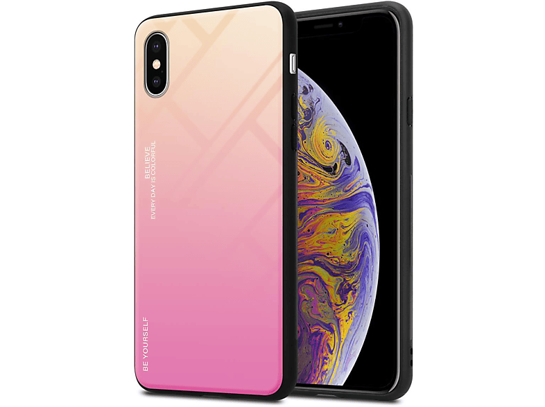 aus ROSA GELB - iPhone Silikon XS MAX, Hülle Apple, 2 CADORABO TPU Glas, Backcover, Farben