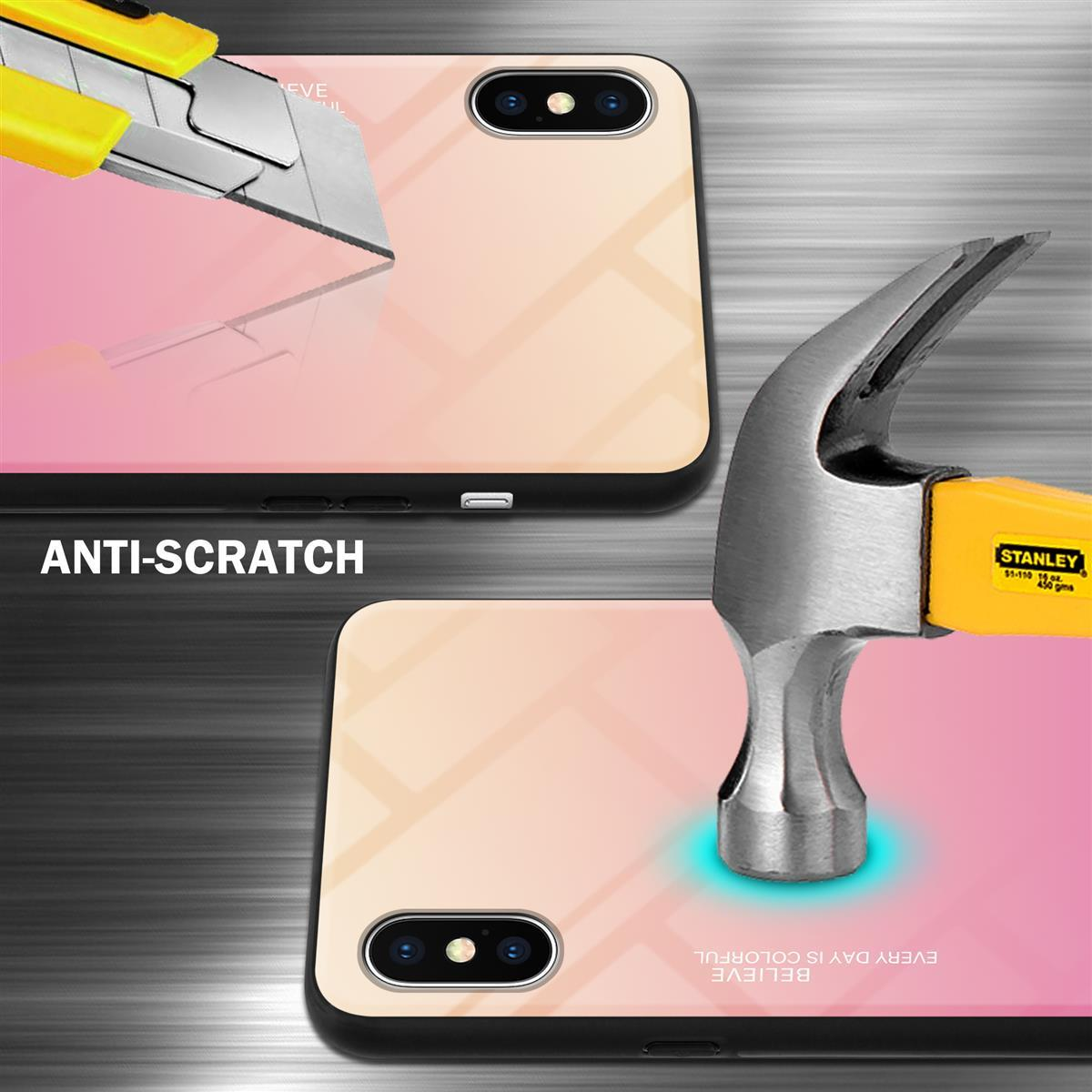 Due custodie per telefono tagliate con un taglierino e colpite con un martello. Testo: Antigraffio, Credi che ogni giorno sia colorato.