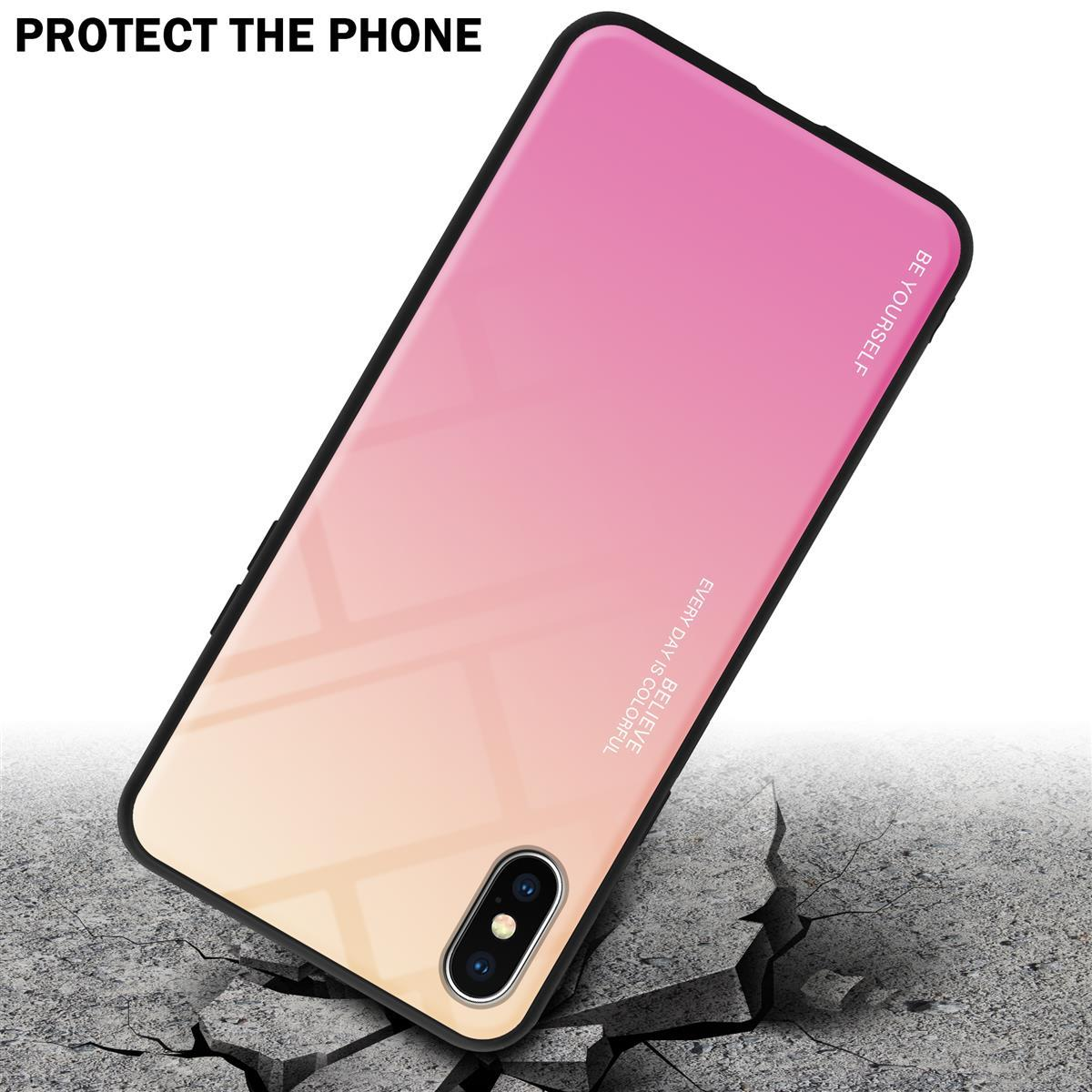 Custodia per telefono con gradiente rosa-giallo. Terreno crepato e le parole: Proteggi il telefono.
