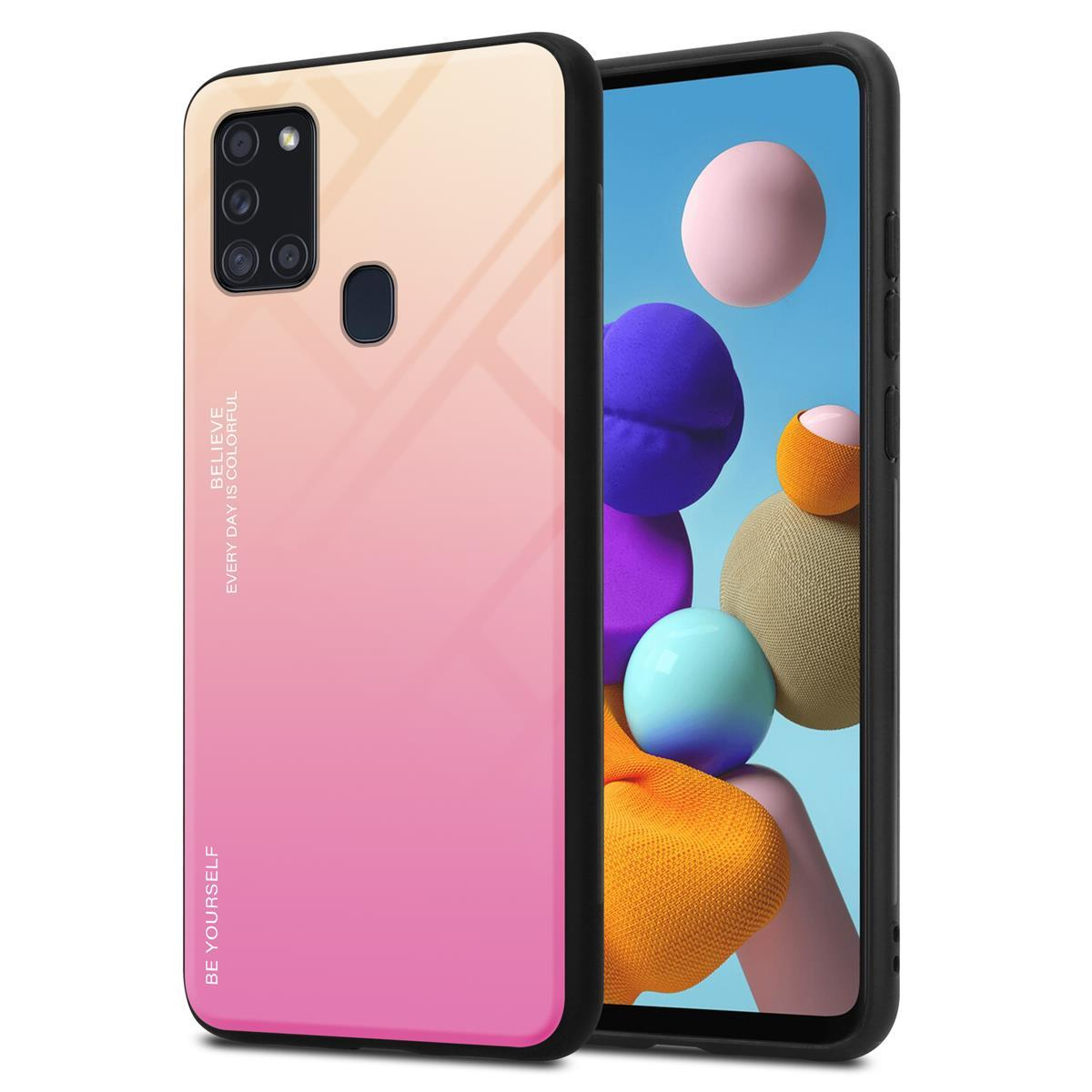 Telefon mit Hülle. Die Hülle hat einen Farbverlauf von Rosa nach Gelb. Text: Glaube, jeder Tag ist bunt, sei du selbst.