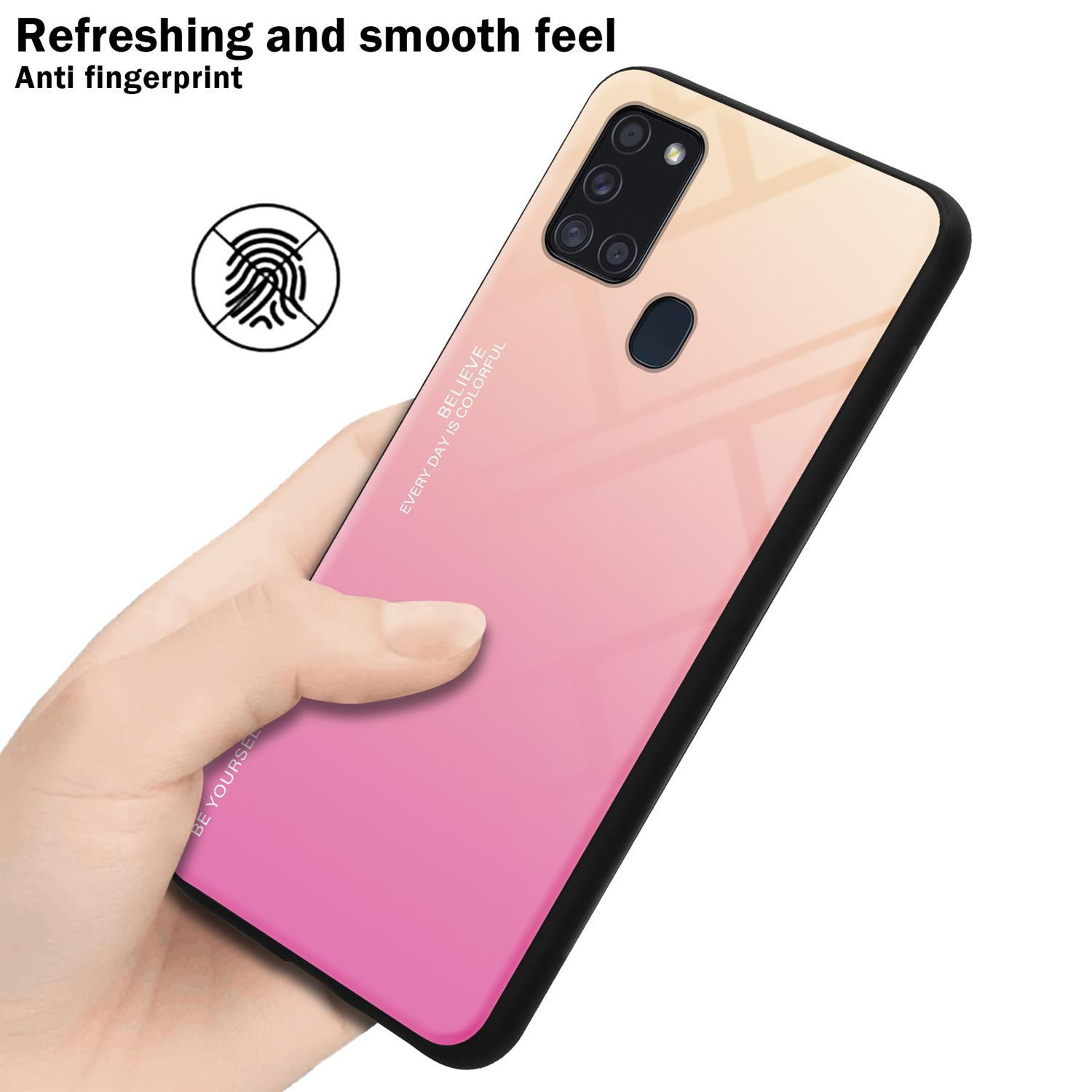 Rosa und gelbe Handyhülle wird gehalten. Das Telefon hat einen Farbverlauf mit Fingerabdrucksymbol.