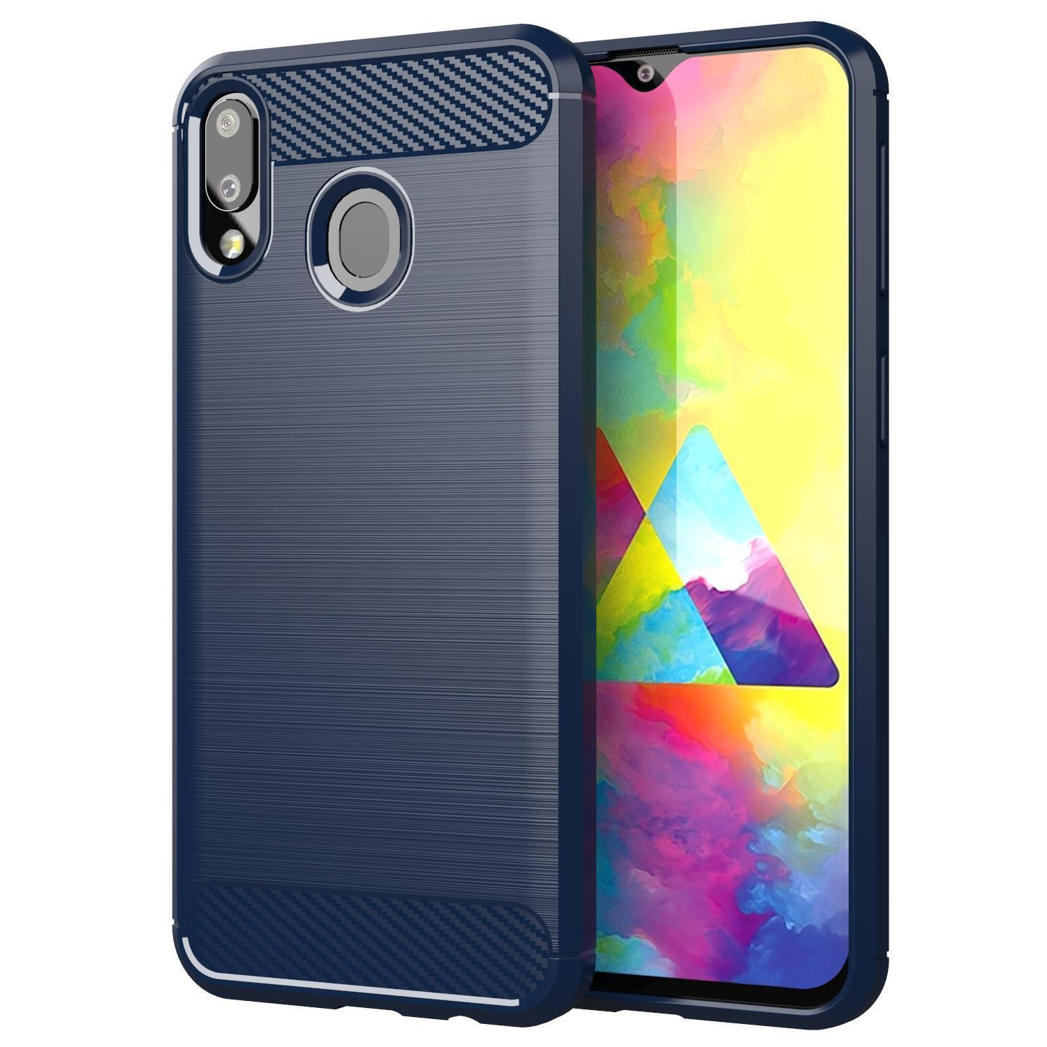 Eine dunkelblaue Handyhülle mit strukturiertem Design und ein Telefon mit gelbem Bildschirm.