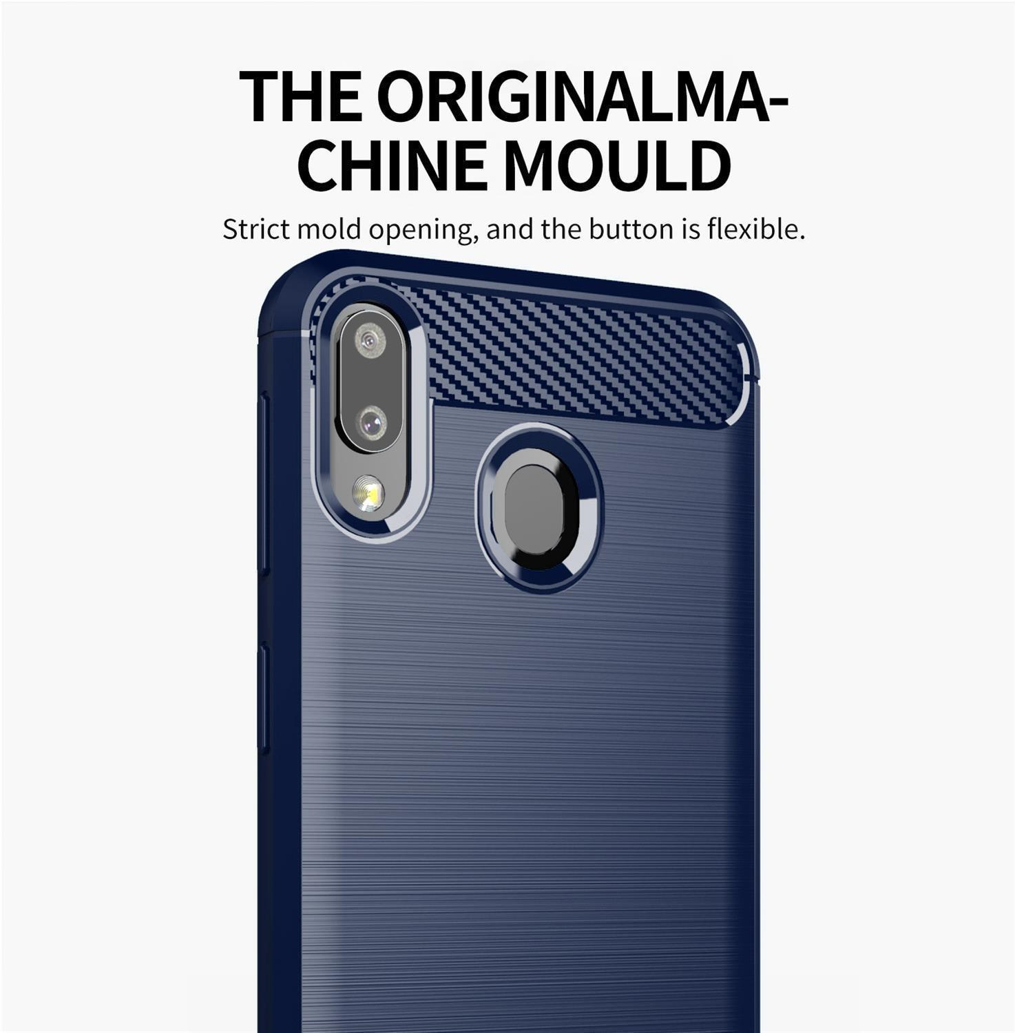 Blaue Handyhülle mit strukturierter Oberfläche. Nahaufnahme der Hülle. Text sagt 'The Original Machine Mould'.
