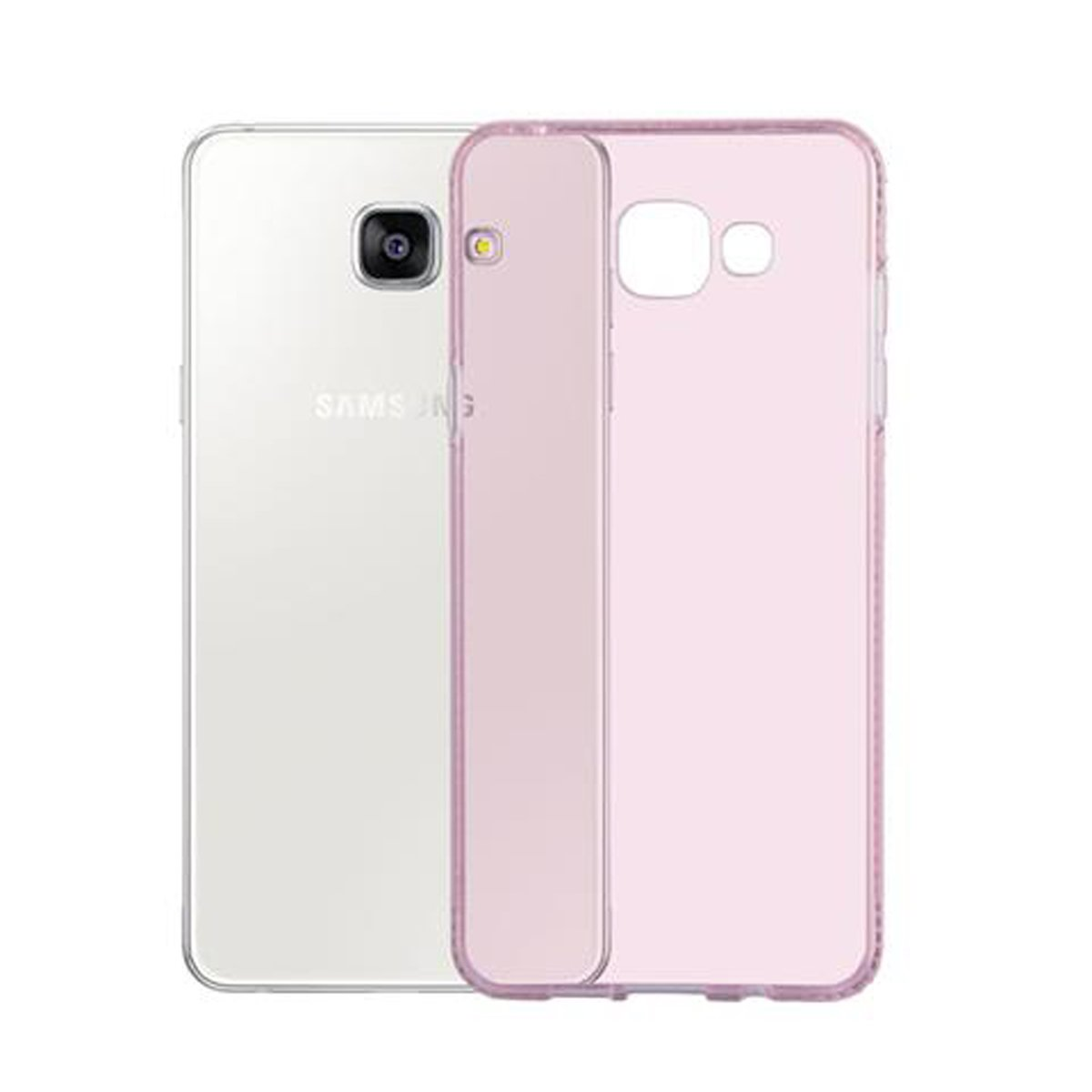 Telefono e custodia rosa trasparente affiancati. Il retro del telefono è visibile.