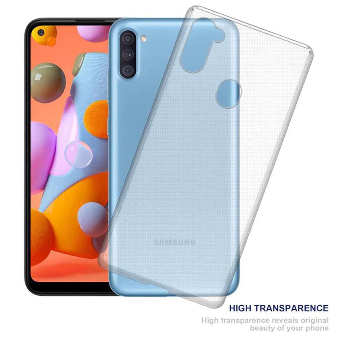 Telefono con custodia trasparente. Il telefono è azzurro e la custodia è trasparente.