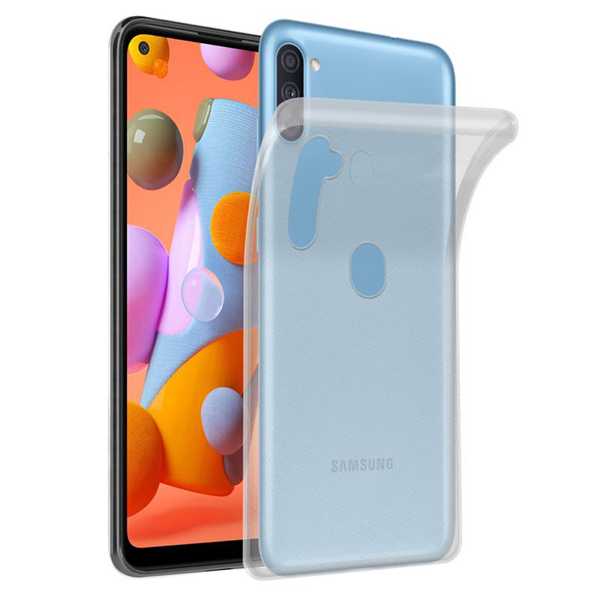 Telefono e una custodia trasparente. Il telefono è nero e blu. La custodia è trasparente.