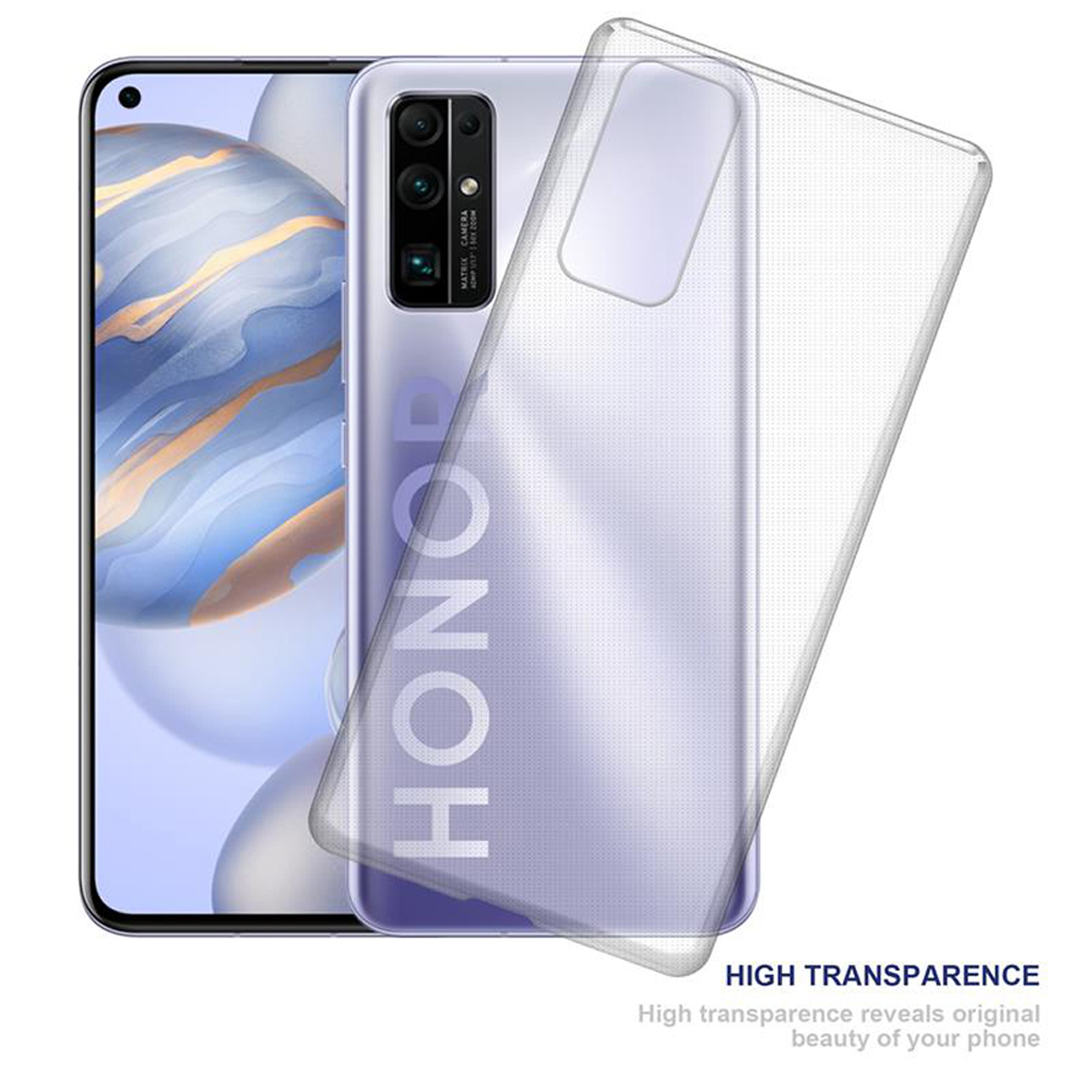 Ein Telefon mit einer schwarzen Hülle. Zeigt die Rückseite des Telefons. Text: Hohe Transparenz.
