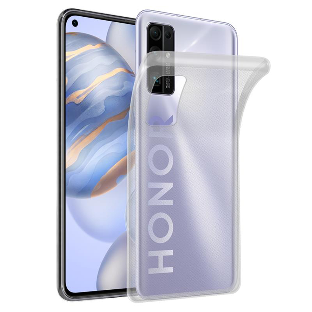 Honor-Telefon mit klarer Hülle. Die Hülle liegt leicht über dem Telefon.