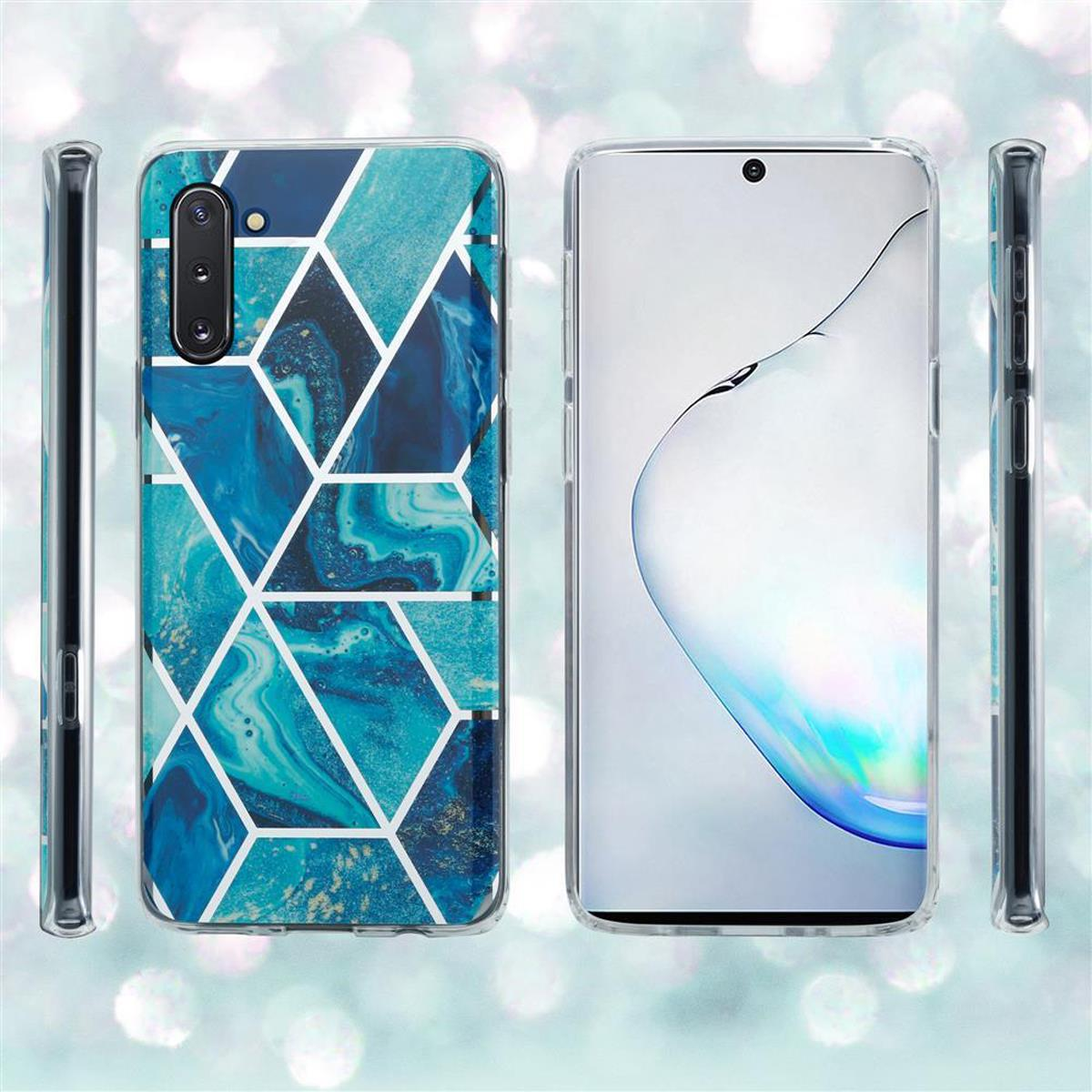Zwei Telefone, eines mit einer blau-weißen geometrischen Hülle und das andere mit einer transparenten Hülle. Beide befinden sich auf einem glitzernden Hintergrund.