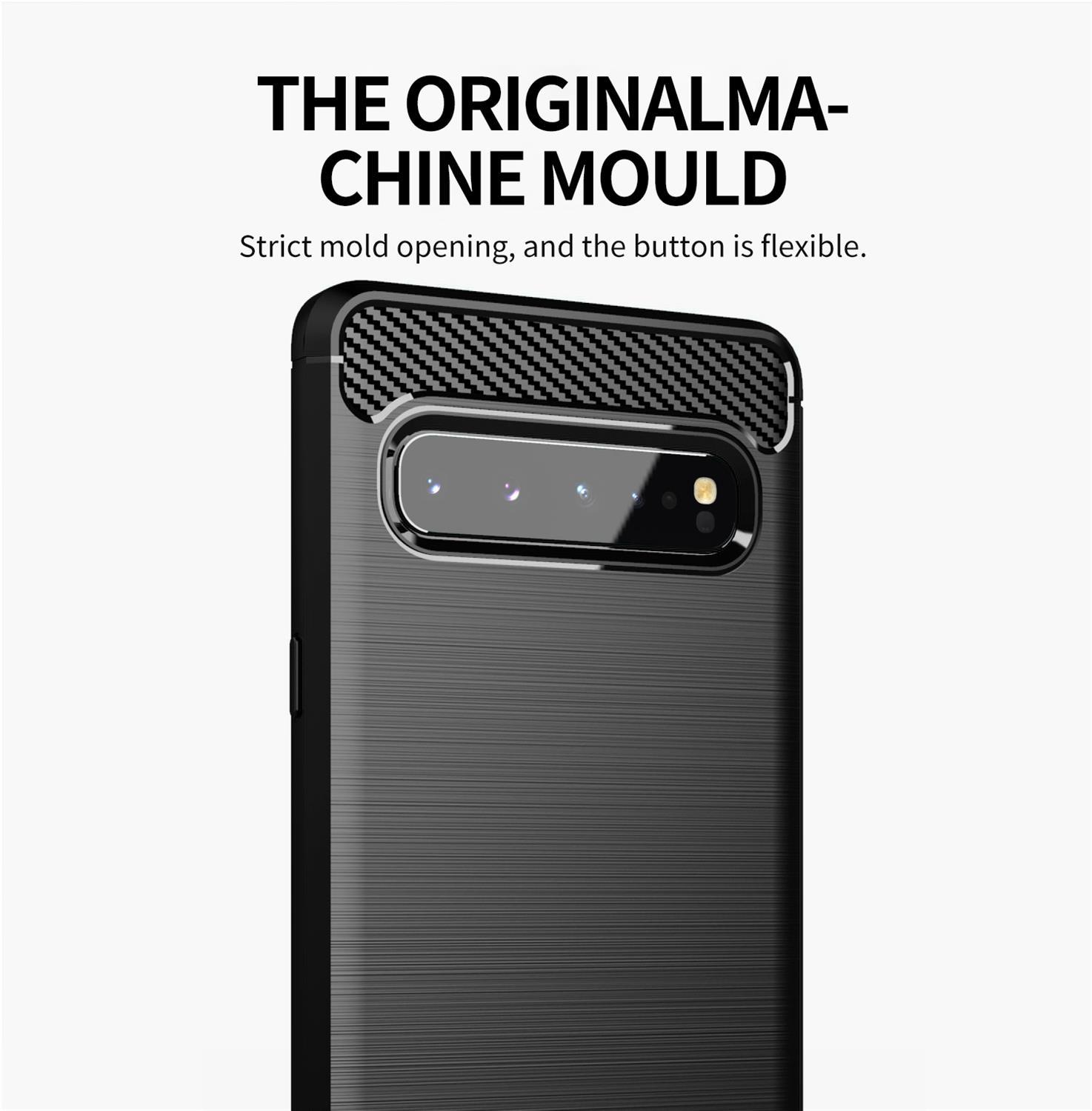 Custodia nera per telefono con superficie strutturata. La custodia protegge il telefono.