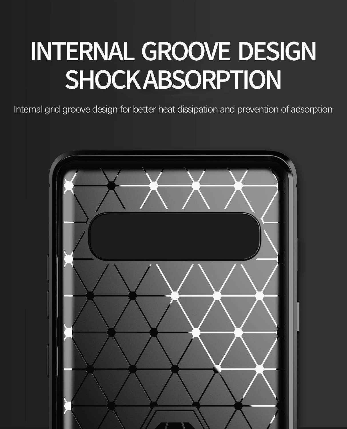 Primo piano dell'interno di una custodia per telefono. Un motivo nero e grigio. Il design è geometrico.