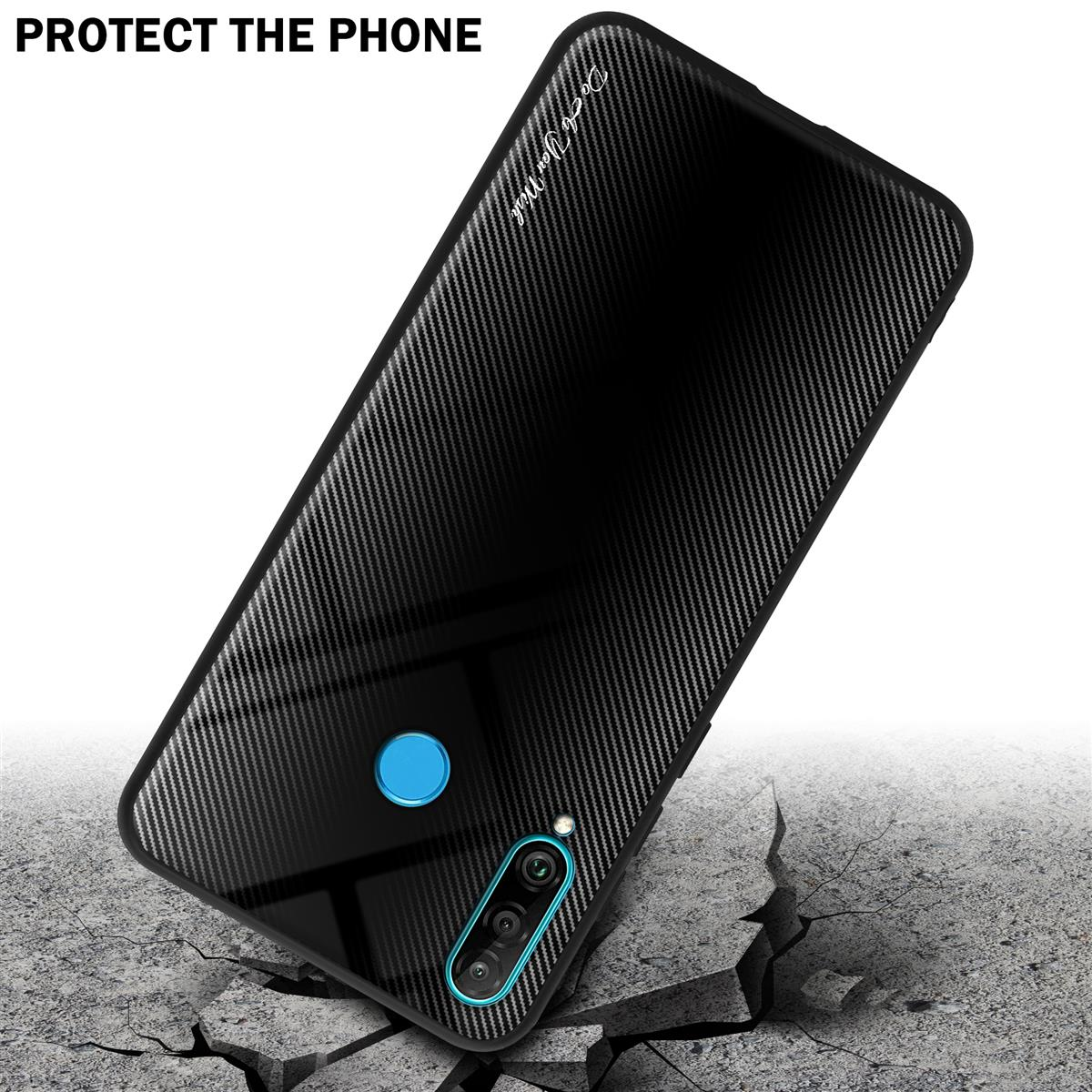 Schwarze Handyhülle mit strukturiertem Design. Das Telefon liegt auf einer zerbrochenen Oberfläche.