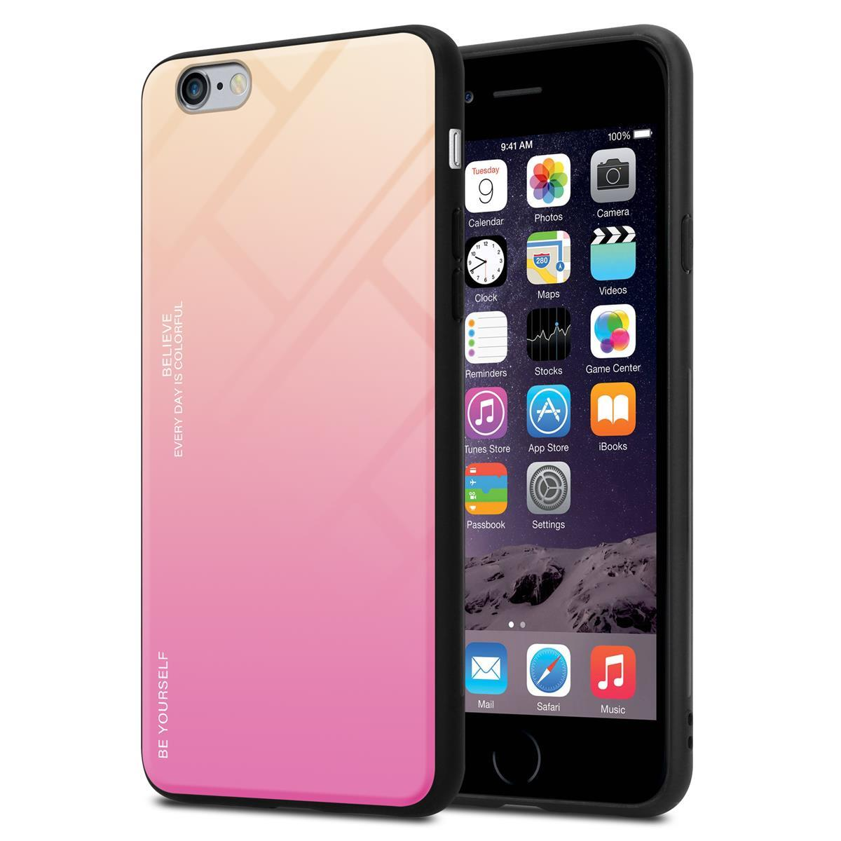 Un telefono in una custodia rosa e arancione sfumata, accanto a un telefono che mostra le icone delle app. Il testo sulla custodia dice 'Believe'.