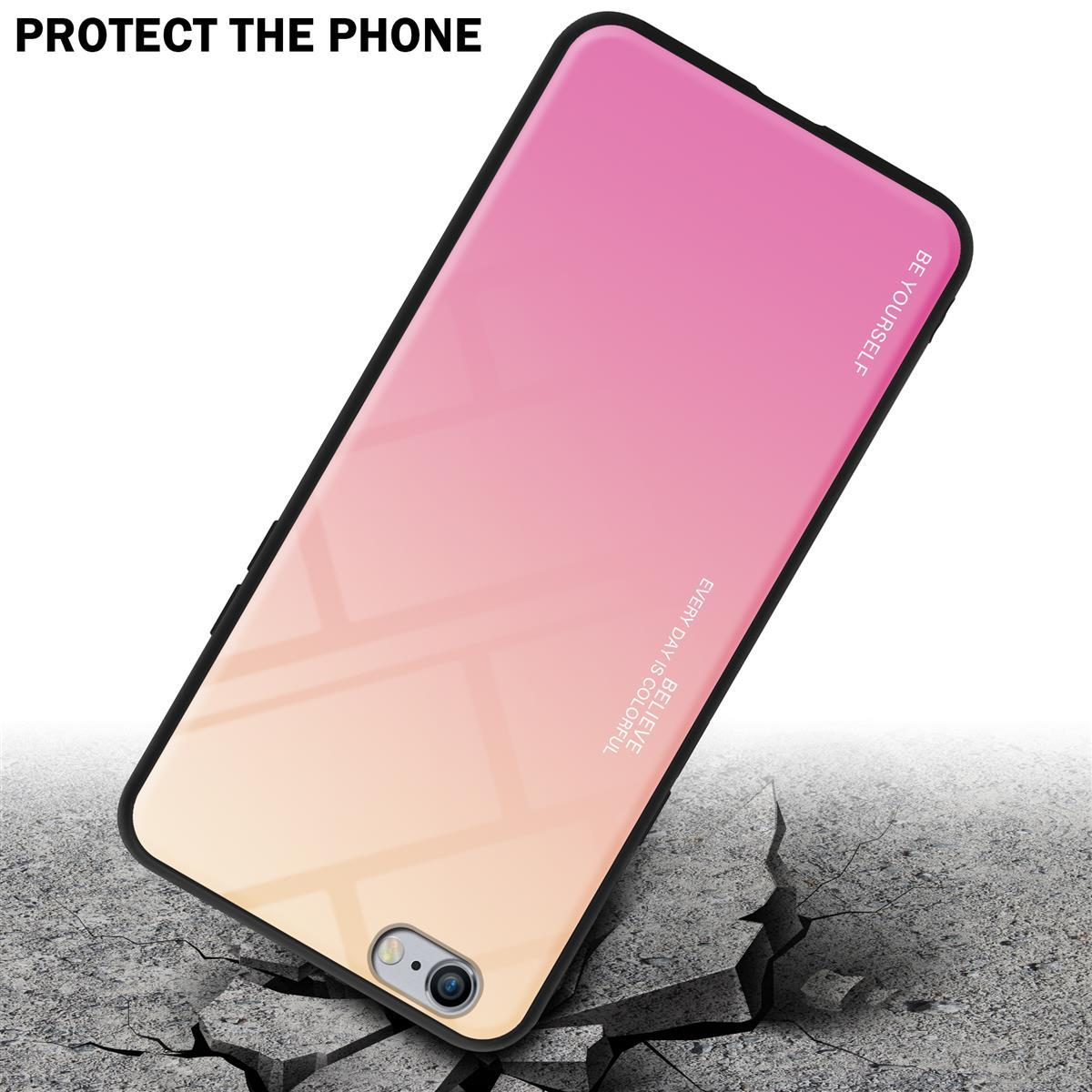 Telefono con custodia sfumata rosa e gialla su pavimento incrinato.