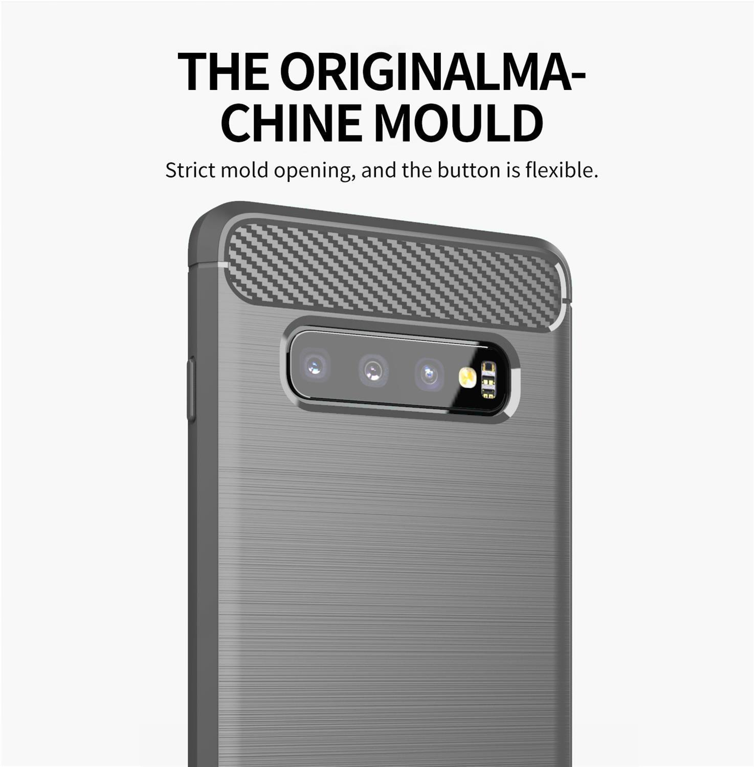 Custodia grigia per telefono con retro strutturato. Sfondo scuro.
