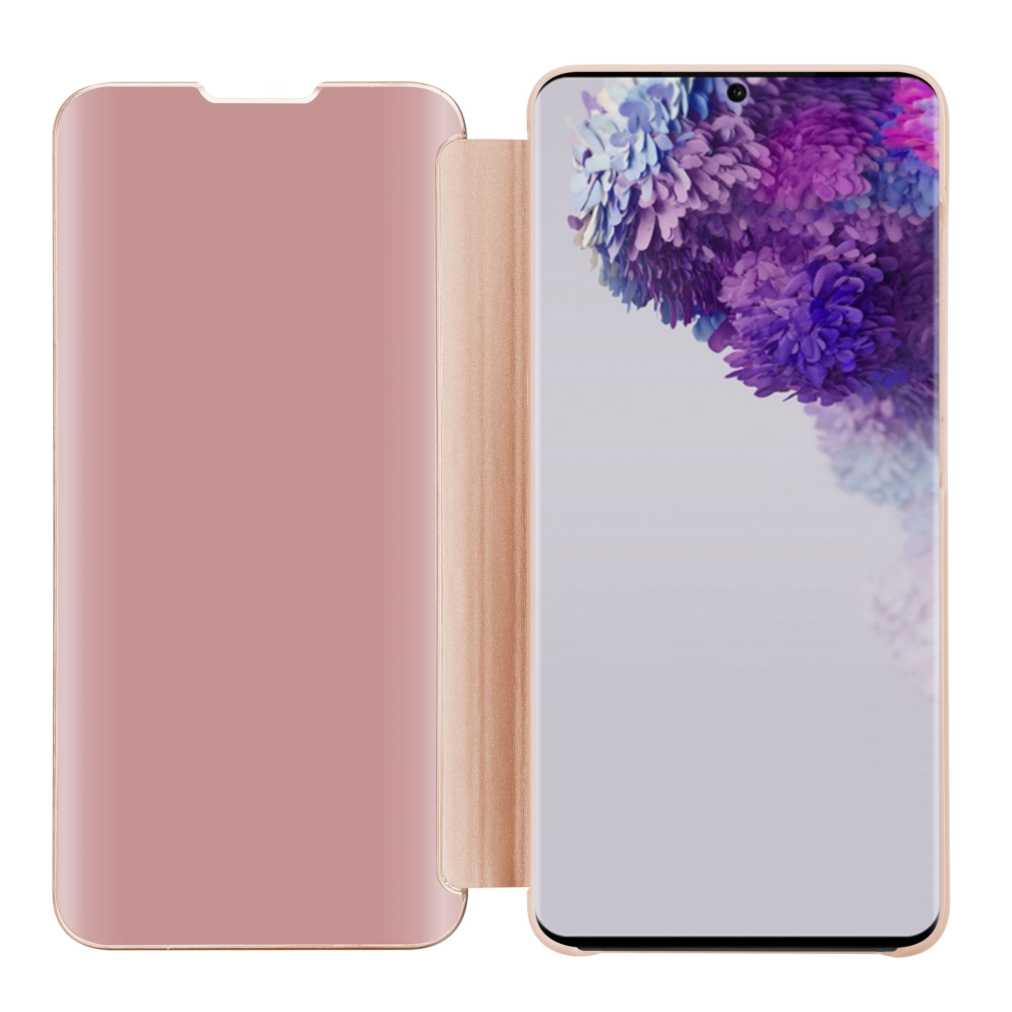 Mano che tiene una custodia per telefono con un motivo geometrico blu e bianco.