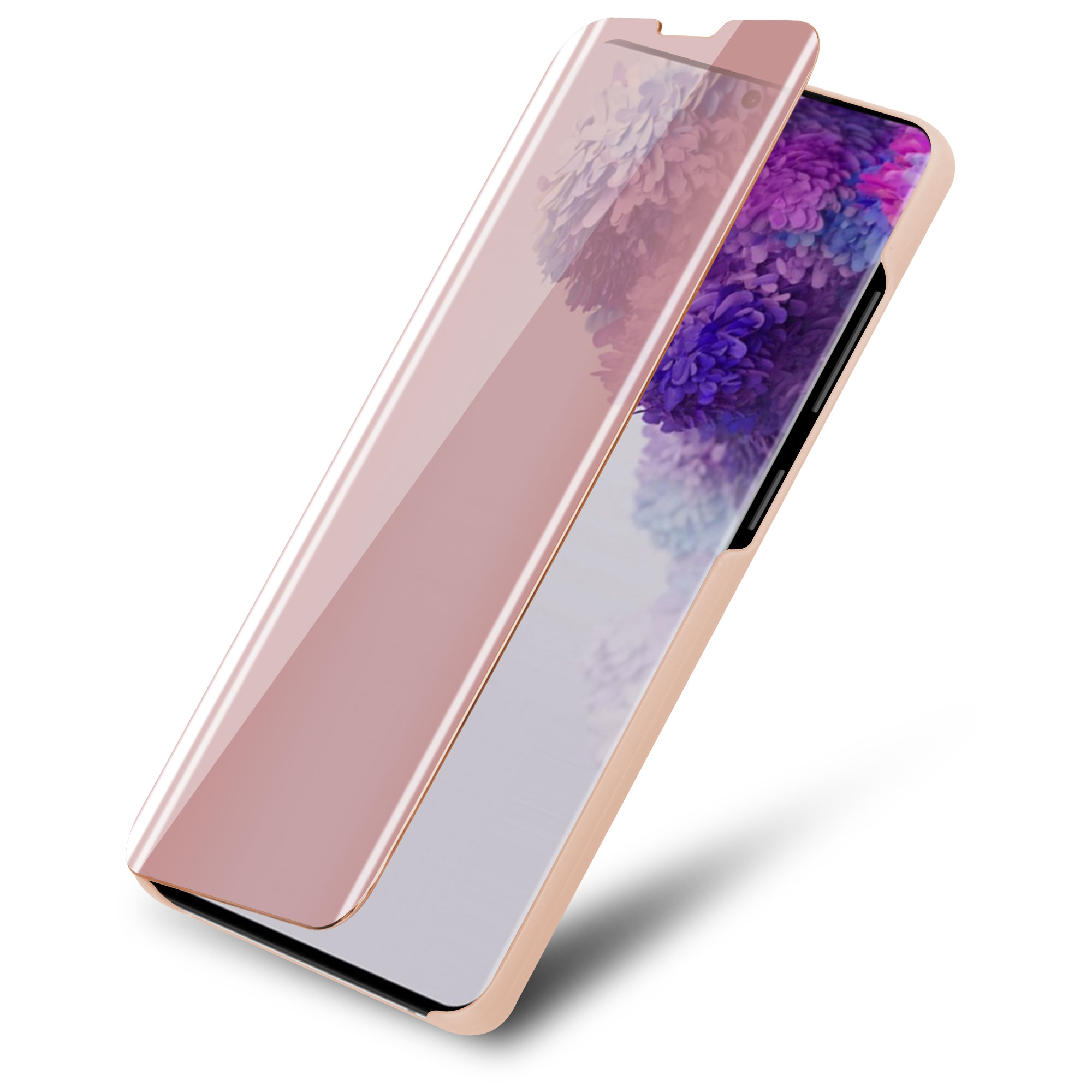 Custodia per telefono oro rosa con cover trasparente aperta, che mostra lo schermo del telefono. Il telefono ha una tonalità rosa.