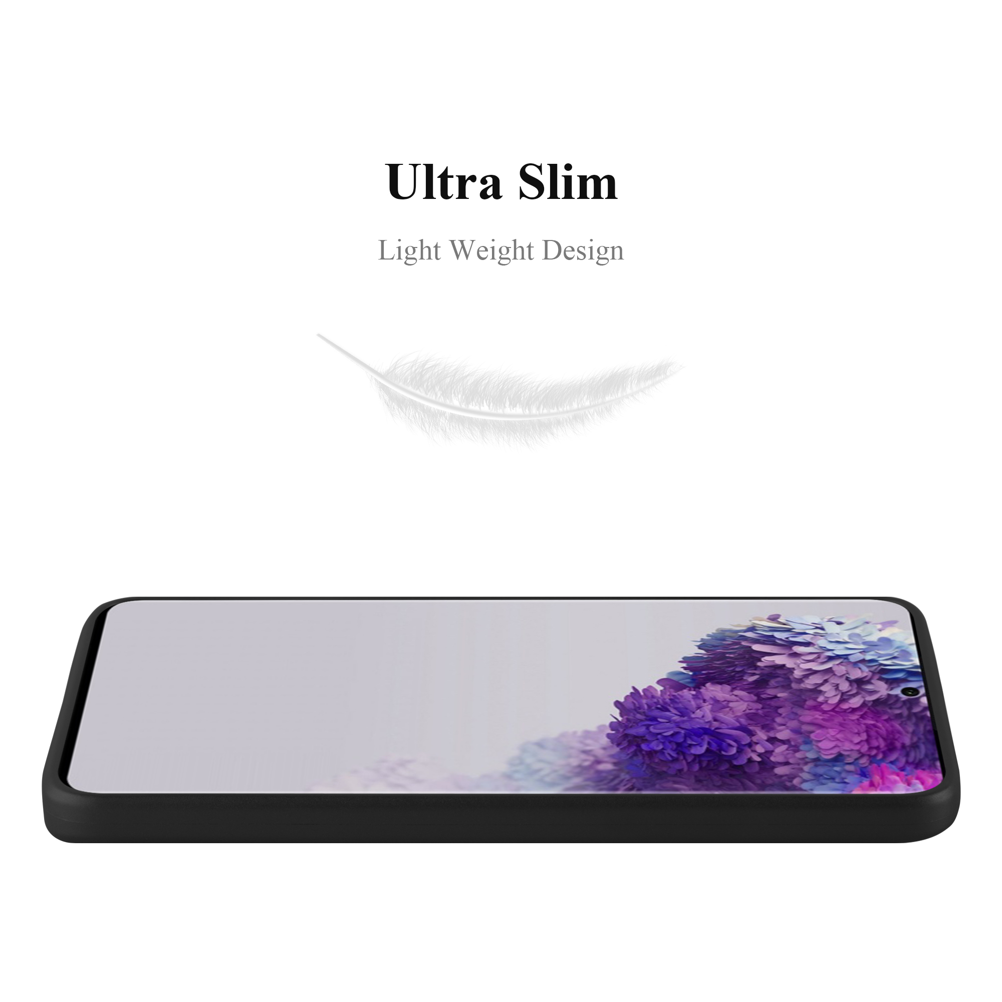Schwarze Handyhülle auf einem Telefon. Es ist ultradünn und leicht.