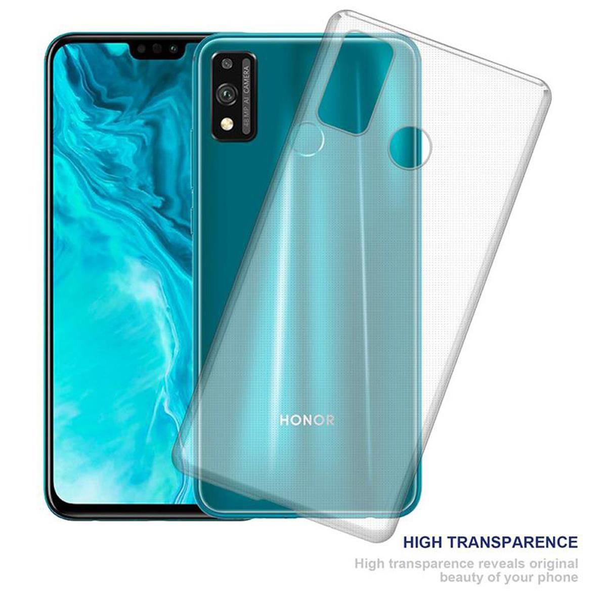 Ein türkisfarbenes Telefon mit einer transparenten Hülle. Die Hülle zeigt die Rückseite des Telefons, ein transparentes Overlay.
