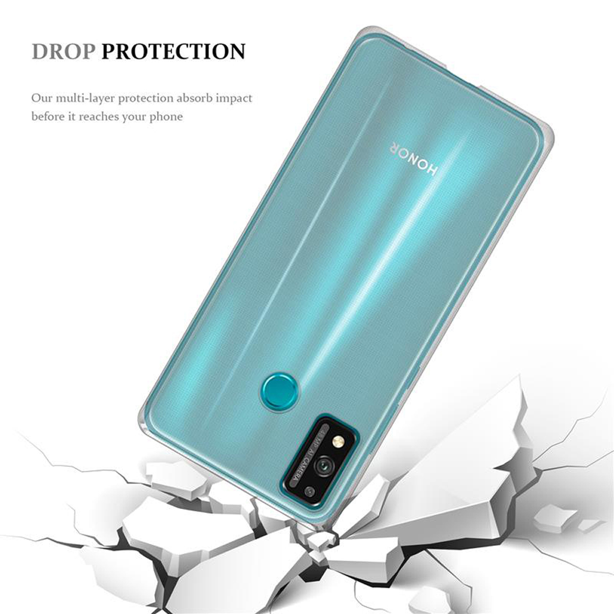 Telefon in einer transparenten Hülle, Risse im Boden. Text lautet 'Drop Protection'.