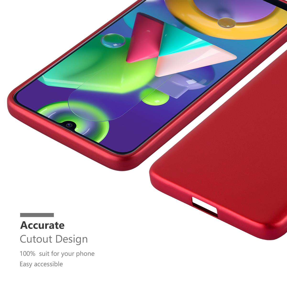 Rote Handyhülle, mit teilweise sichtbarem Telefon, das das Ausschnittdesign zeigt.