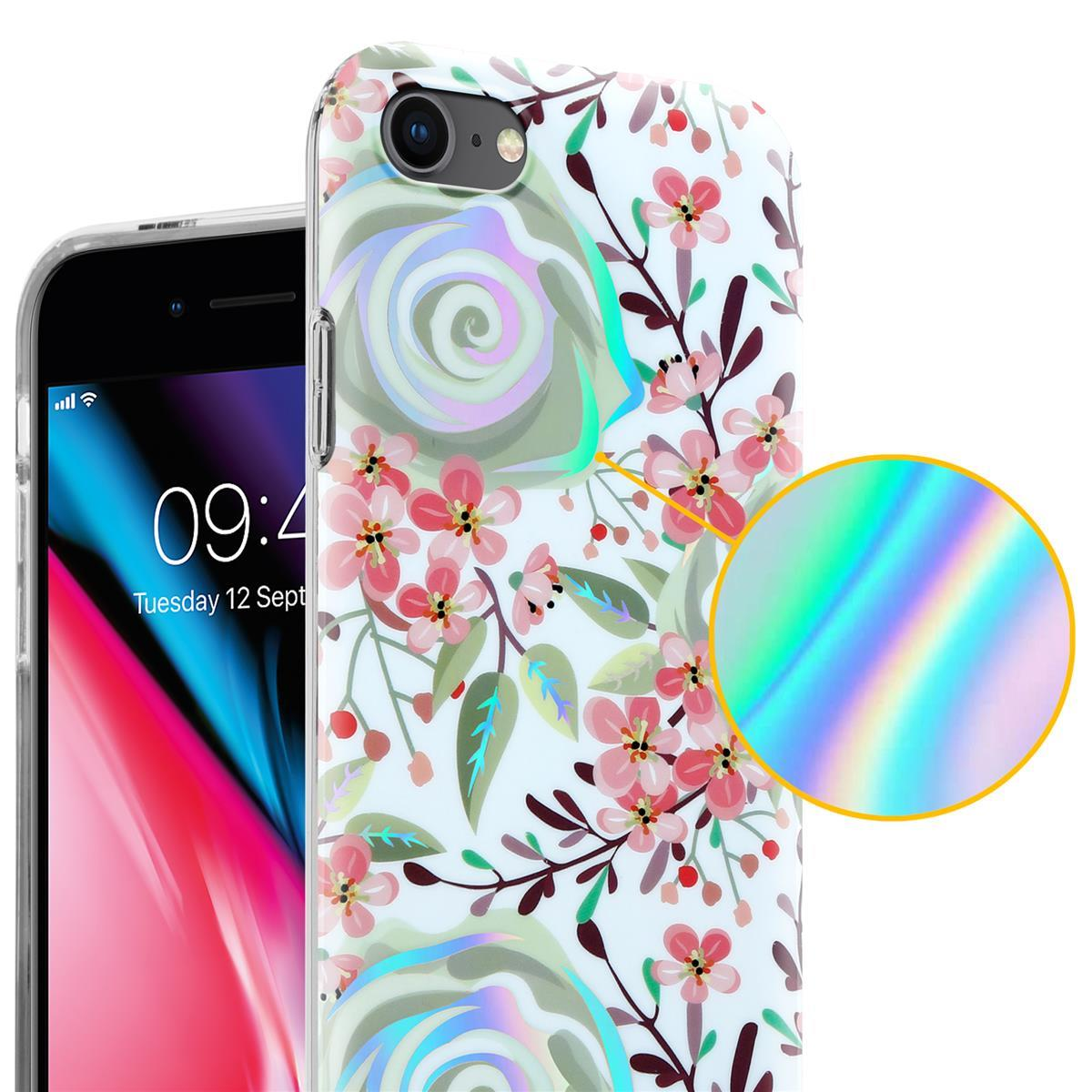 Telefono in una custodia con design floreale. La custodia ha fiori rosa e uno sfondo trasparente.