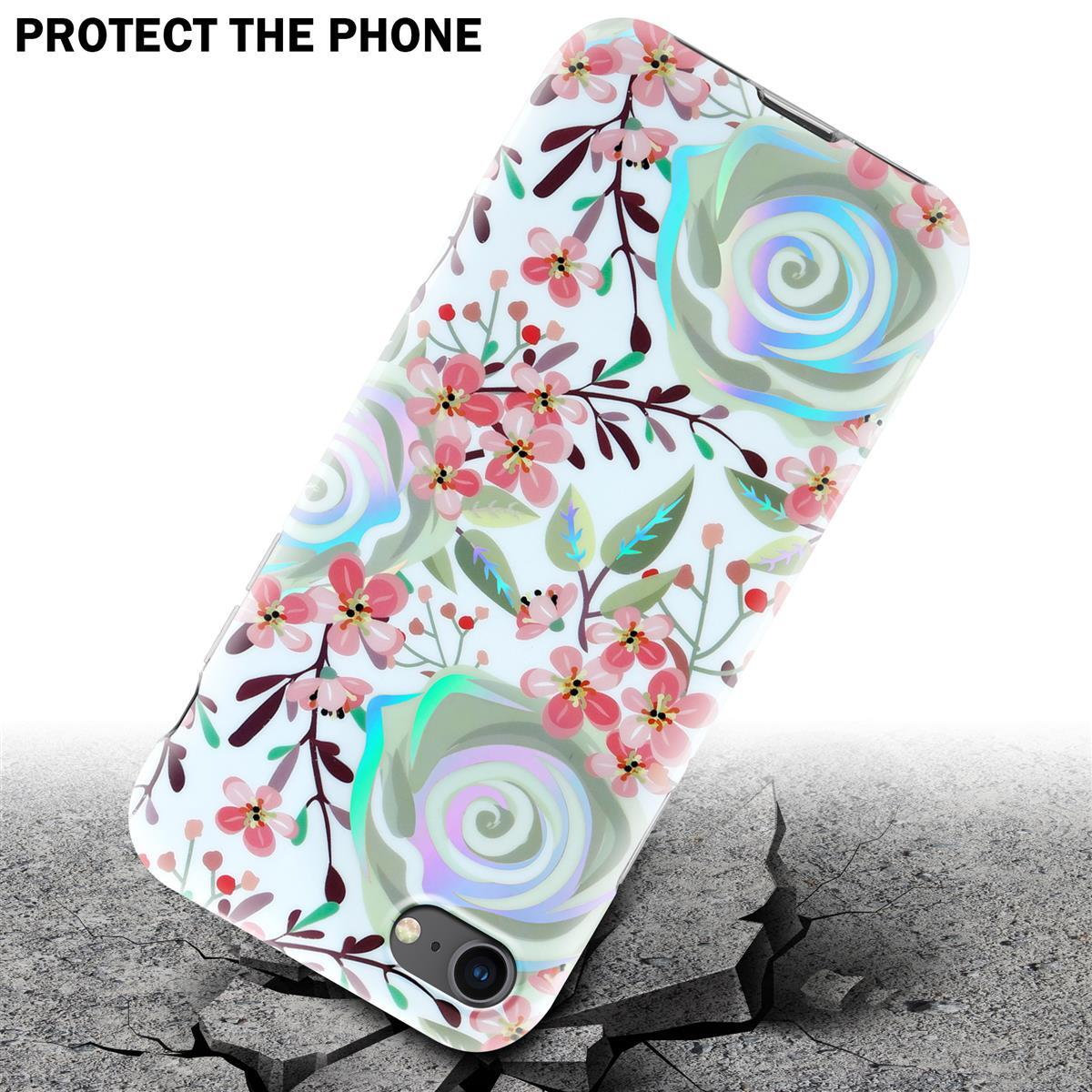 Una custodia per telefono con un design floreale. È su una superficie incrinata. Testo: Proteggi il telefono.