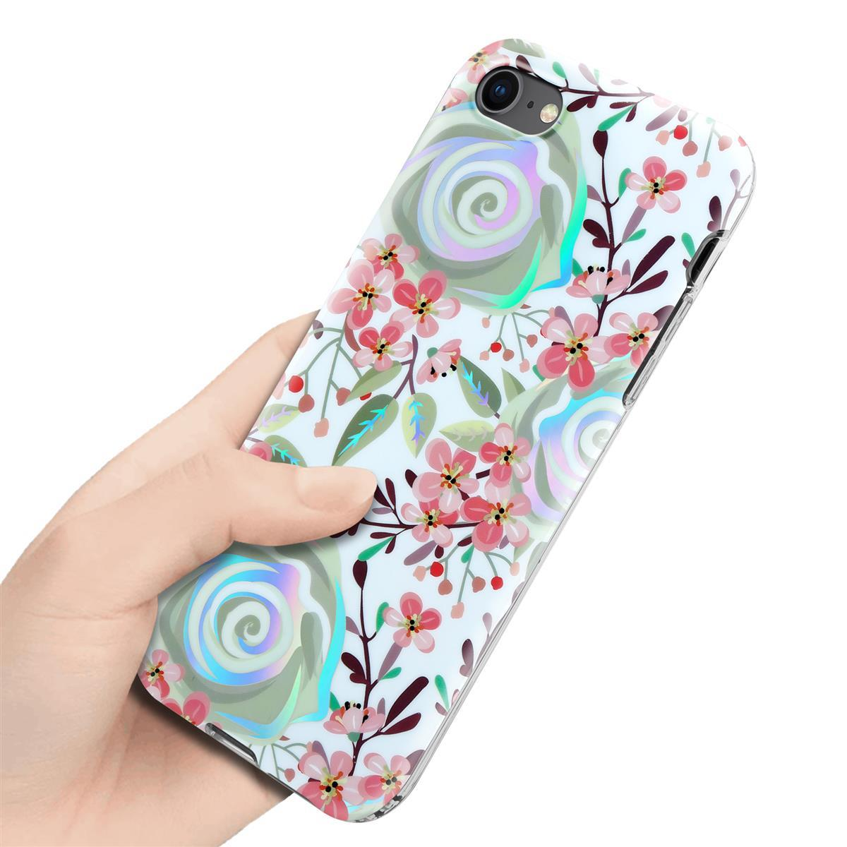 Una mano che tiene un telefono con una custodia floreale. La custodia ha fiori rosa e foglie verdi.