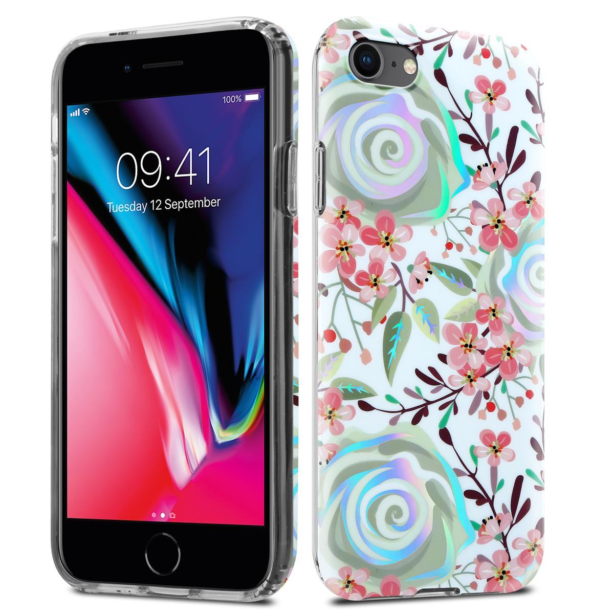 iPhone con custodia floreale. Il lato sinistro mostra lo schermo. Il lato destro mostra il design floreale sulla custodia.