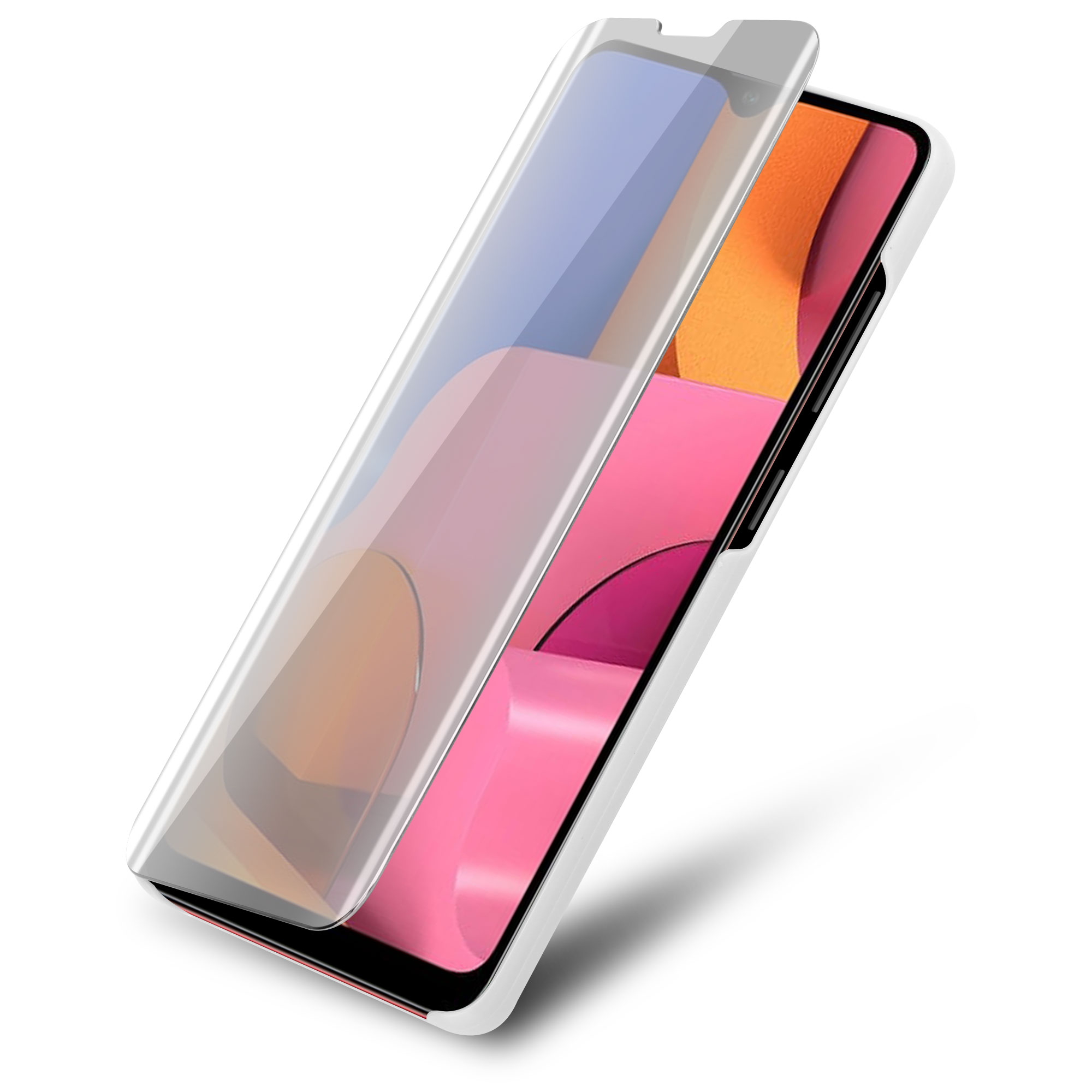 Ein Telefon wird mit einem Displayschutz gezeigt, der angebracht wird. Das Telefon hat einen pink-orangenen Bildschirm.