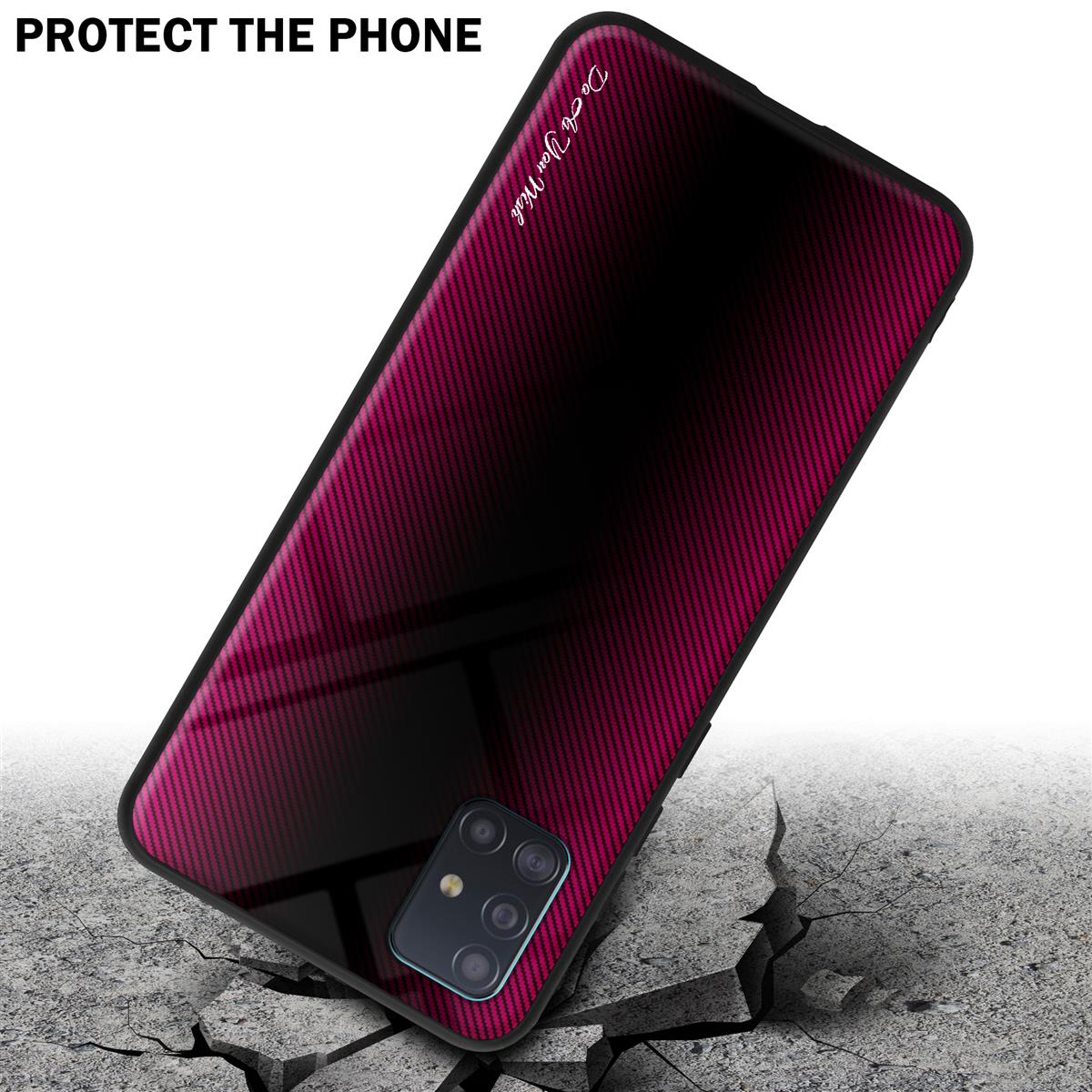 Eine Handyhülle mit einem rot-schwarzen Farbverlauf über einer strukturierten Oberfläche. Das Telefon scheint auf einer zerbrochenen Betonoberfläche zu liegen.