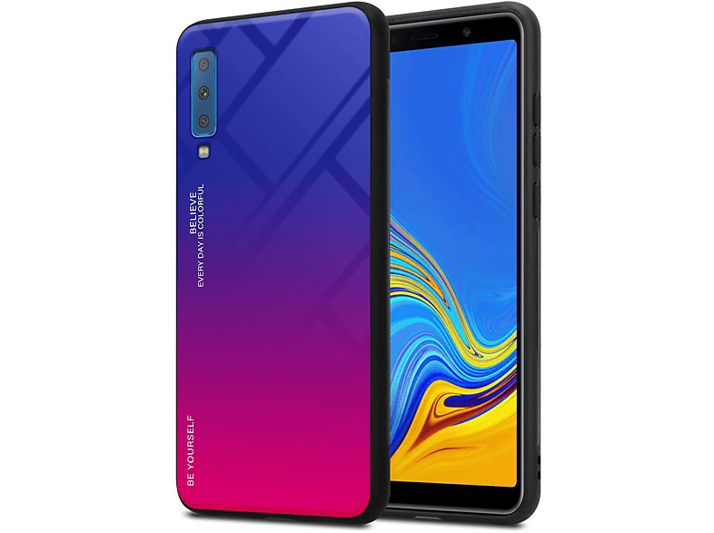 2 aus ROT Hülle TPU Samsung, - Galaxy A7 2018, CADORABO Farben Glas, Backcover, LILA Silikon